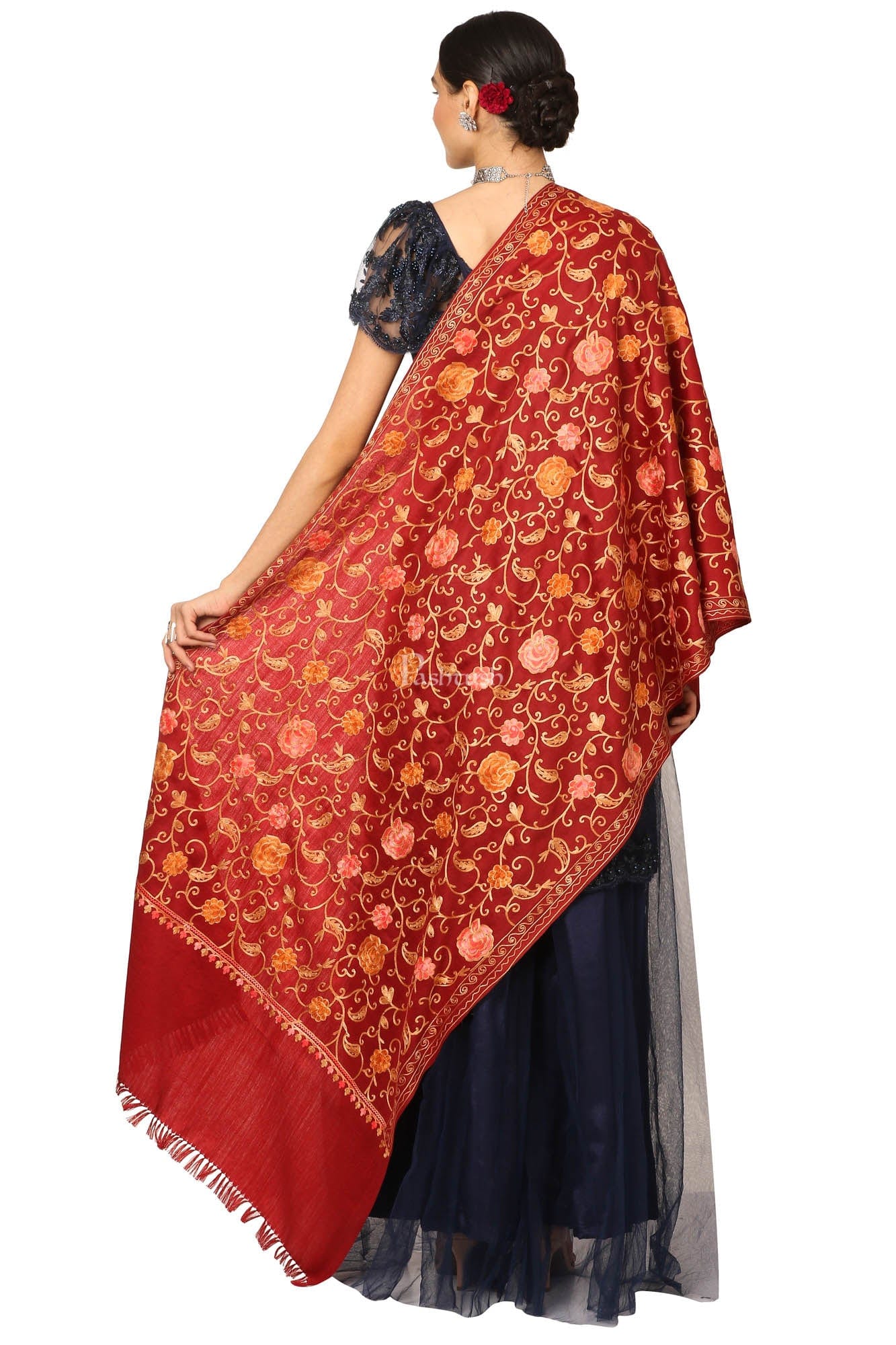 Pashtush Aari Embroidery Stole, Fine Wool, Maroon - Image 4