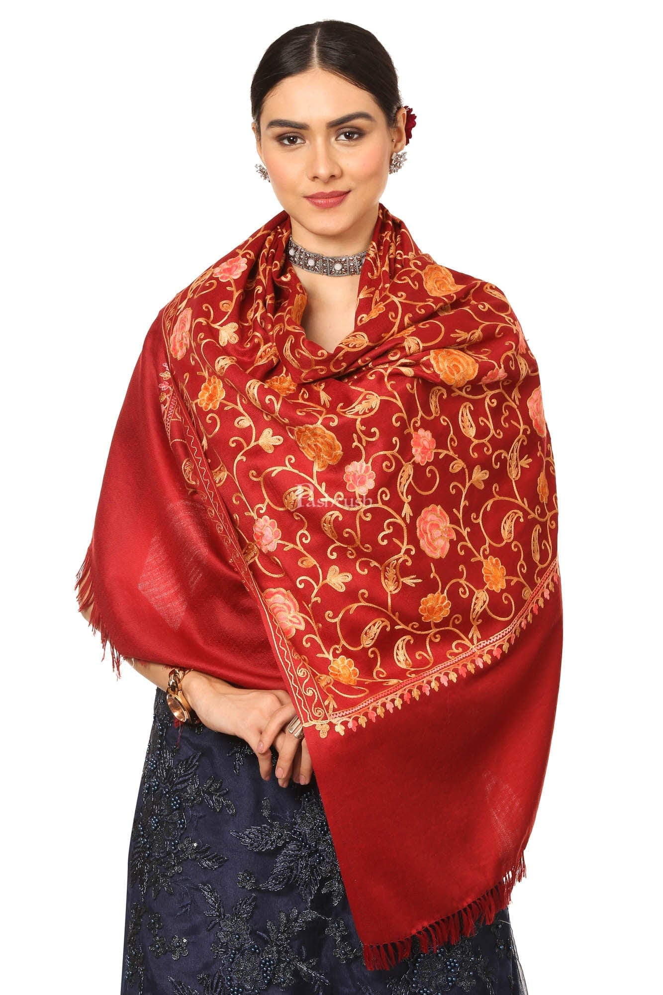 Pashtush Aari Embroidery Stole, Fine Wool, Maroon - Image 5