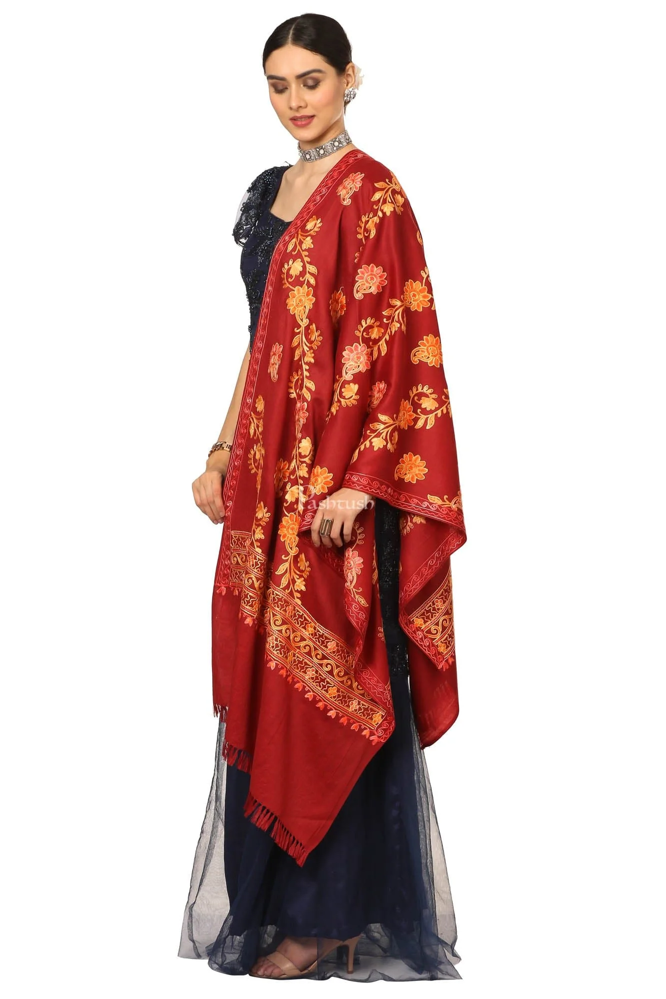Pashtush Aari Embroidery Stole, Fine Wool, Maroon - Image 3