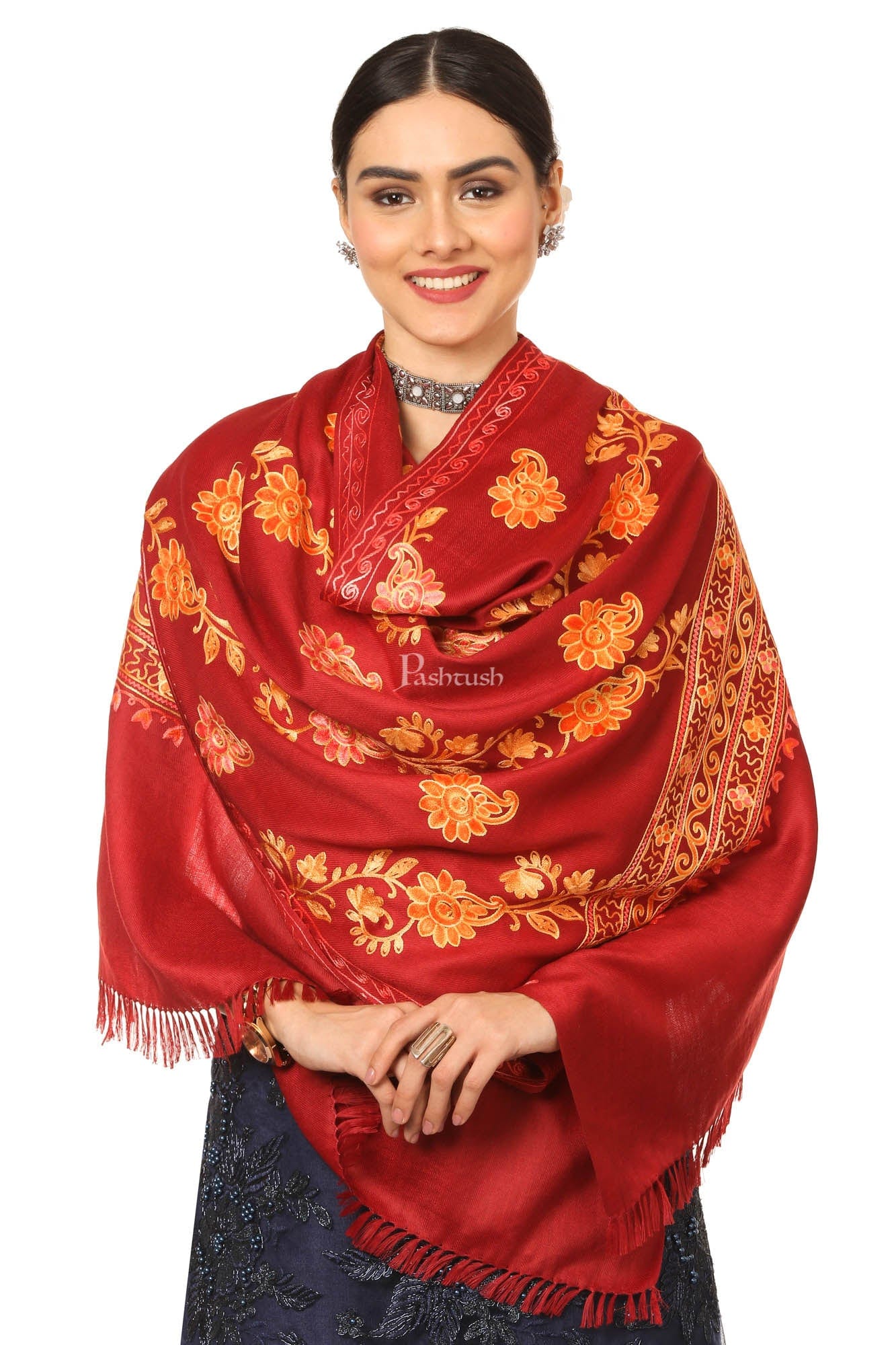 Pashtush Aari Embroidery Stole, Fine Wool, Maroon - Image 4