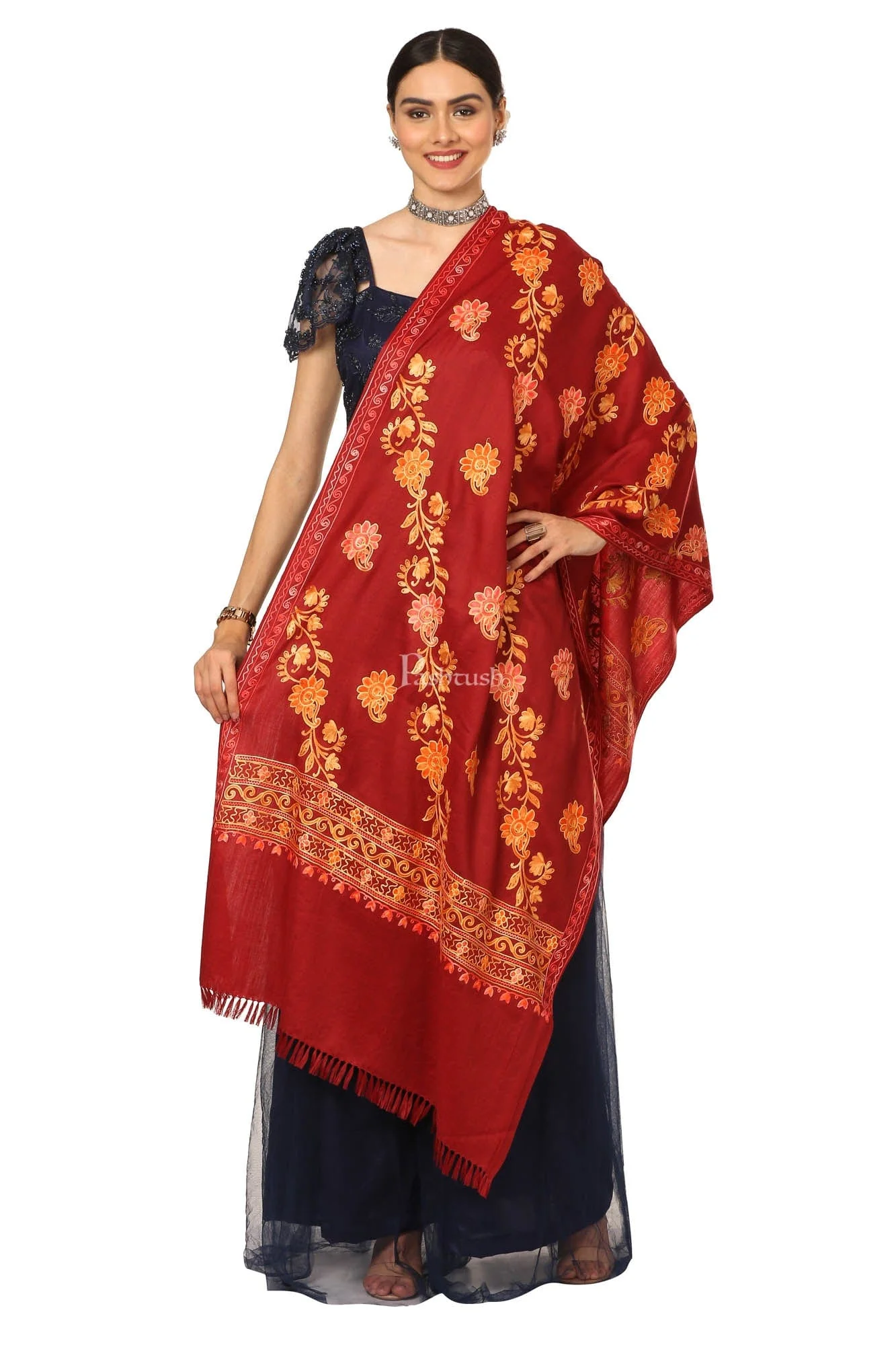 Pashtush Aari Embroidery Stole, Fine Wool, Maroon - Image 5