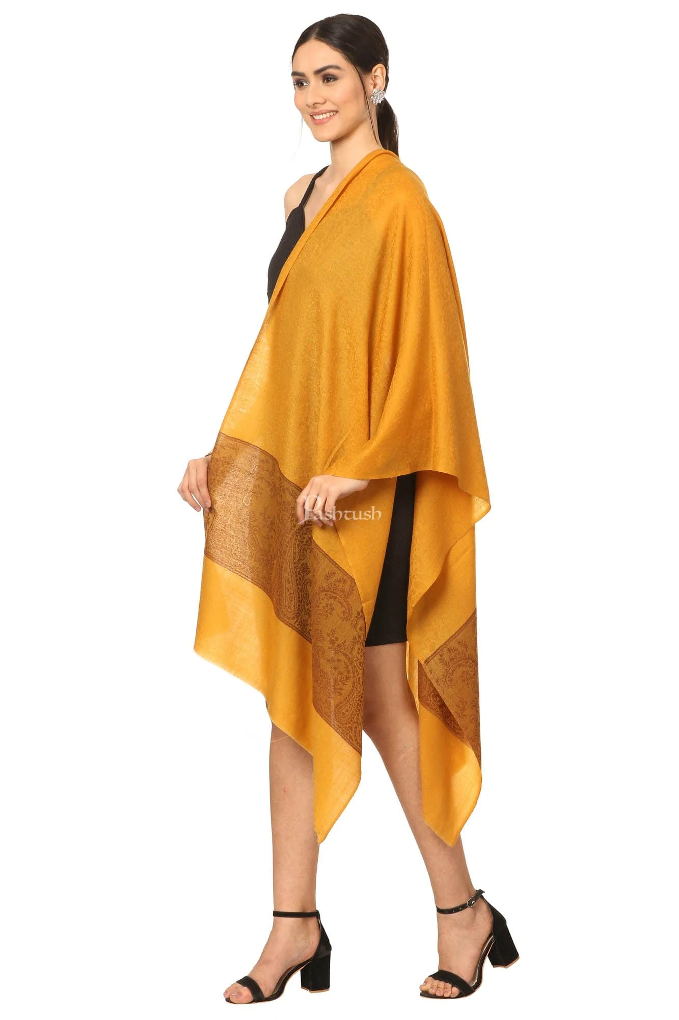 Pashtush Fine Wool Luxury Paisley Design Scarf, Stole, Weaving Design - Mustard - Image 3