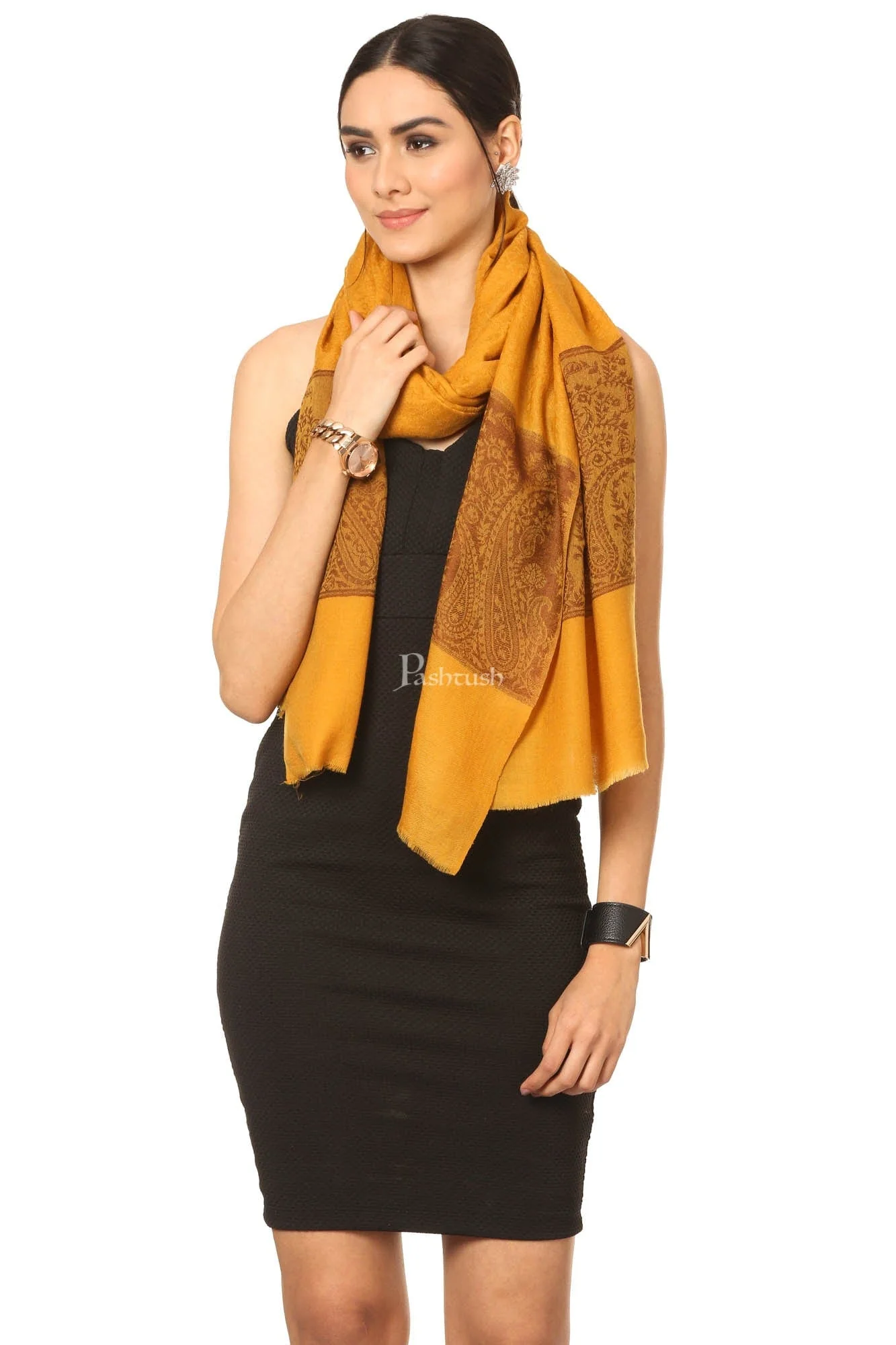 Pashtush Fine Wool Luxury Paisley Design Scarf, Stole, Weaving Design - Mustard - Image 4