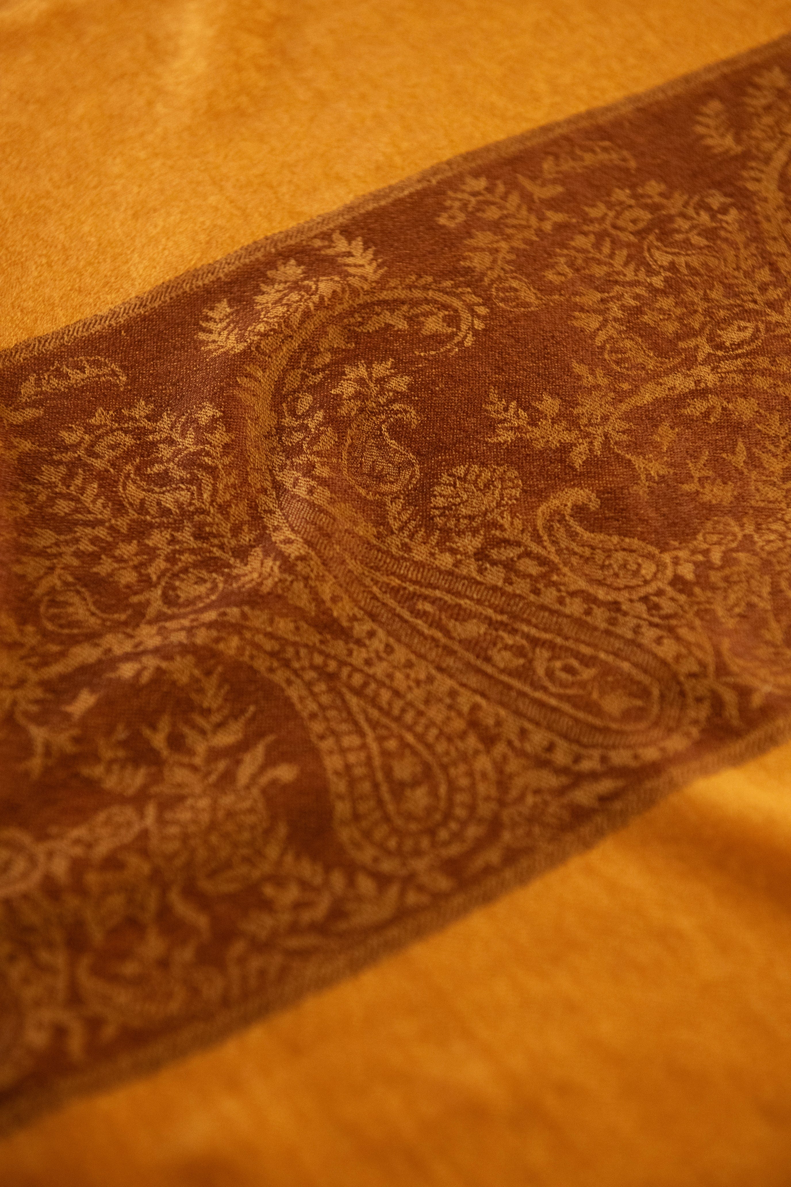Pashtush Fine Wool Luxury Paisley Design Scarf, Stole, Weaving Design - Mustard - Image 5