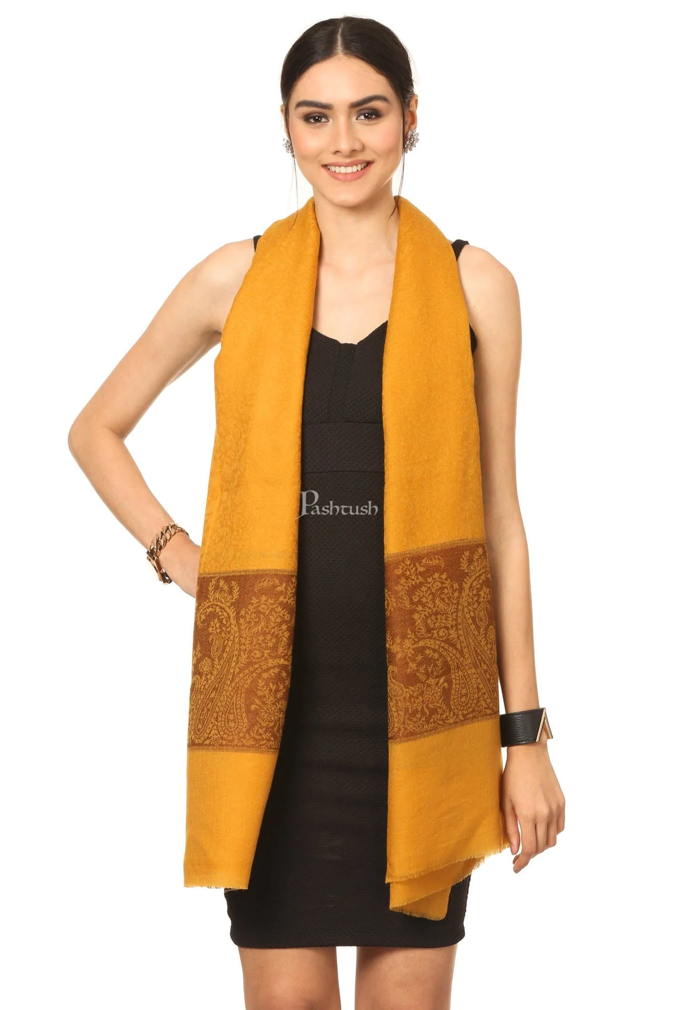 Pashtush Fine Wool Luxury Paisley Design Scarf, Stole, Weaving Design - Mustard - Image 6