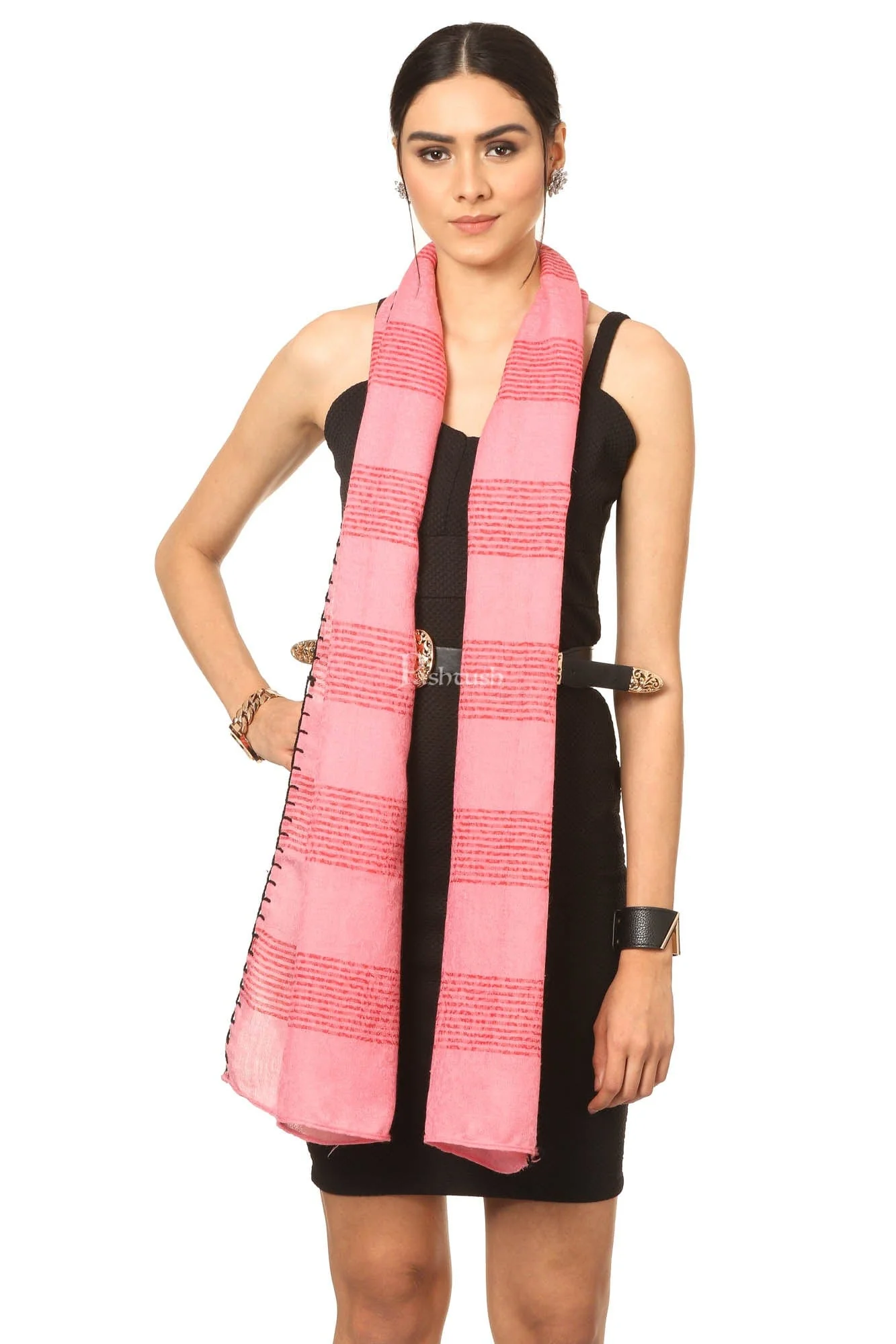 Pashtush Fine Wool Luxury Striped Design Scarf, Stole, Weaving Design - Pink - Image 4