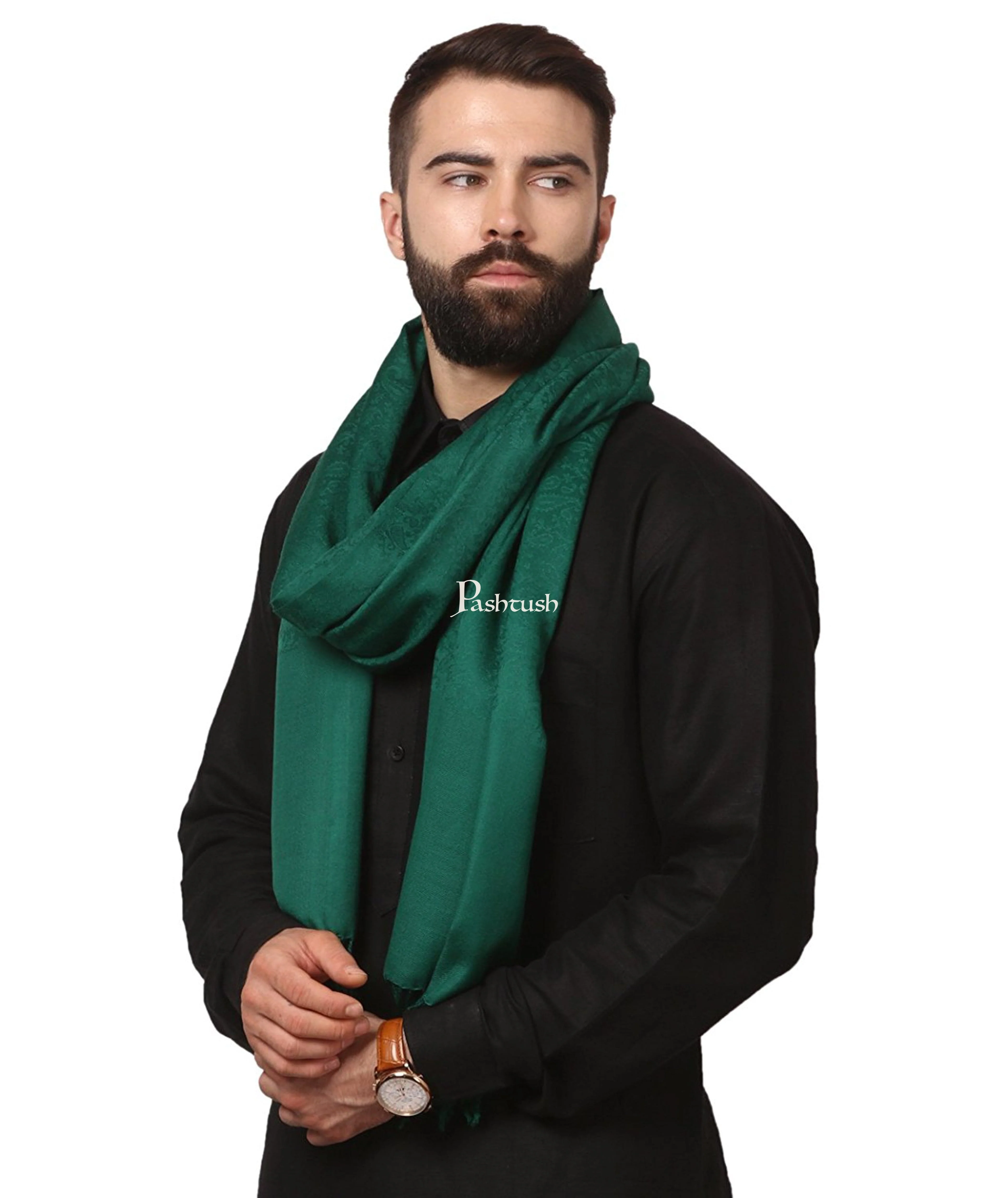 Pashtush Mens Fine Wool Jacquard Muffler - Bottle Green - Image 3