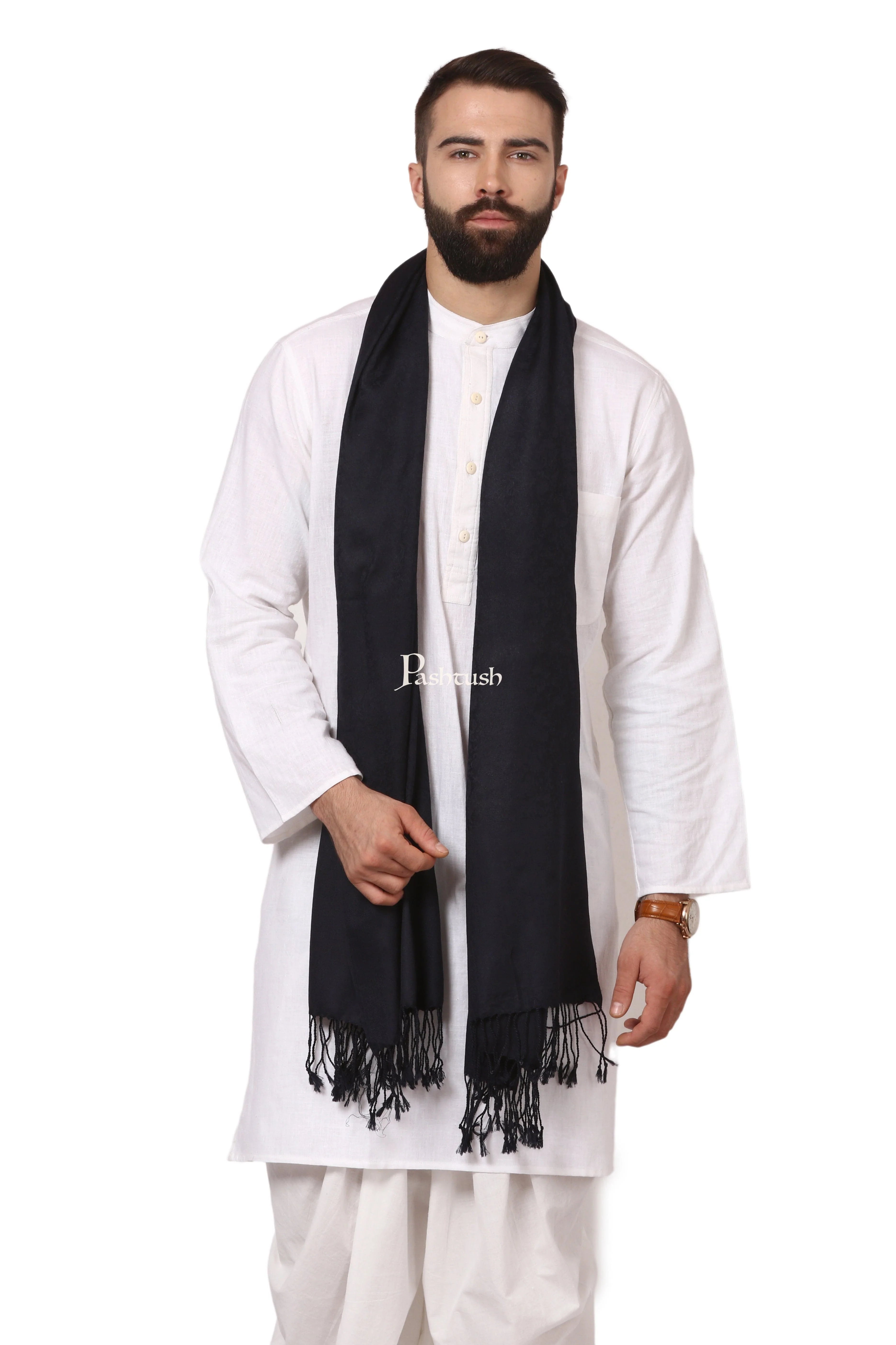 Pashtush Mens Fine Wool Jacquard Scarf - Rich Black - Image 3