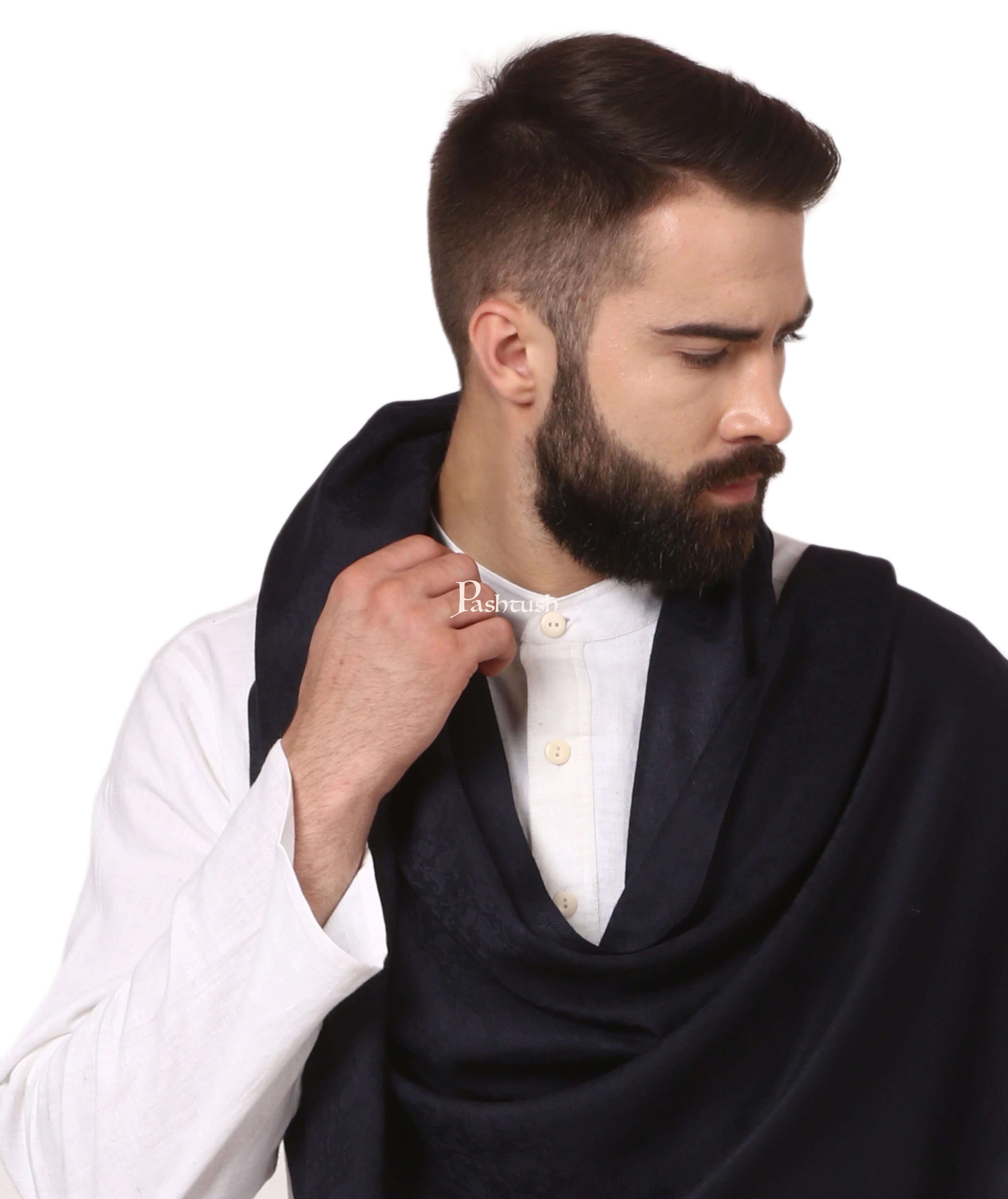 Pashtush Mens Fine Wool Jacquard Scarf - Rich Black - Image 4