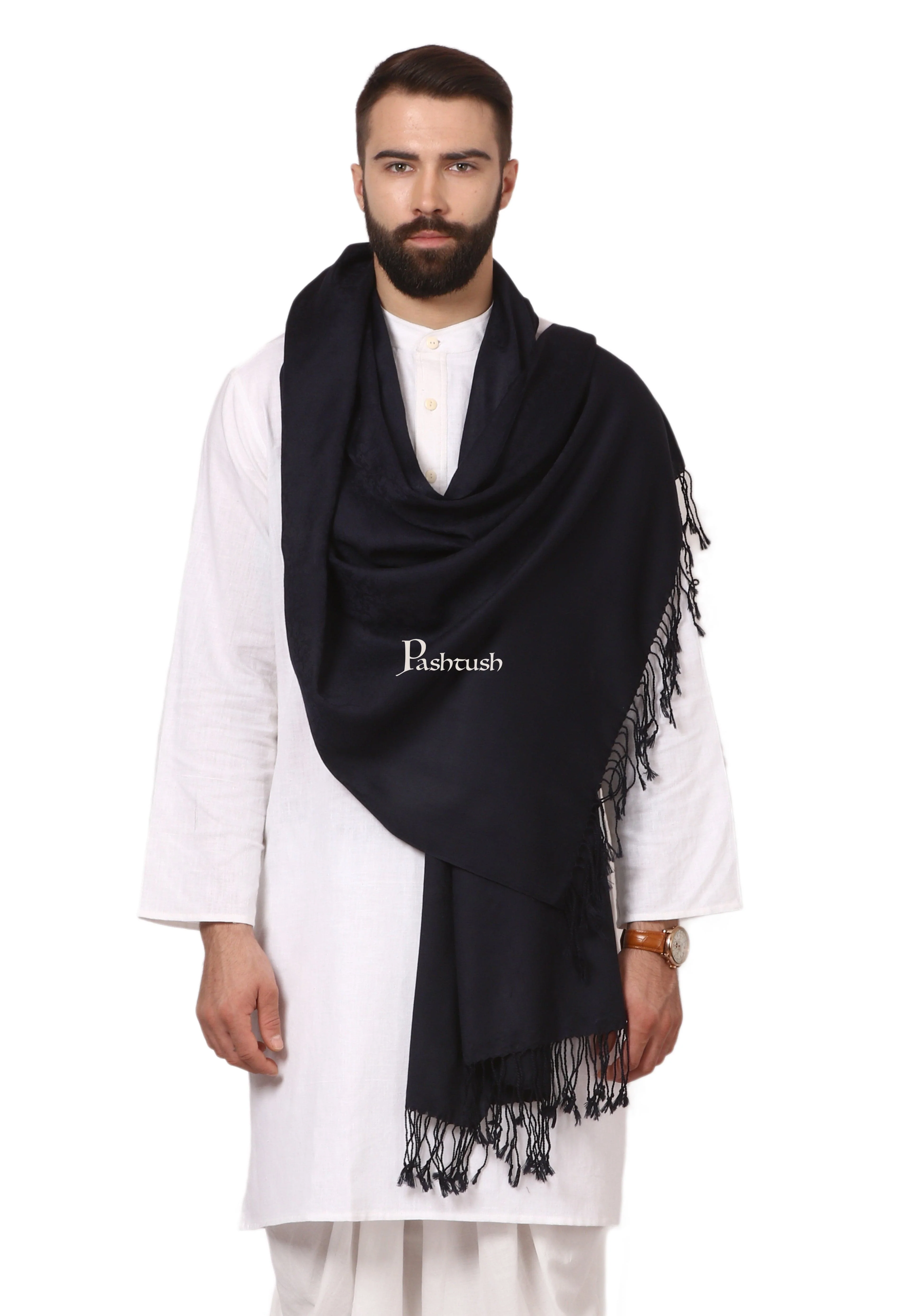 Pashtush Mens Fine Wool Jacquard Scarf - Rich Black - Image 5