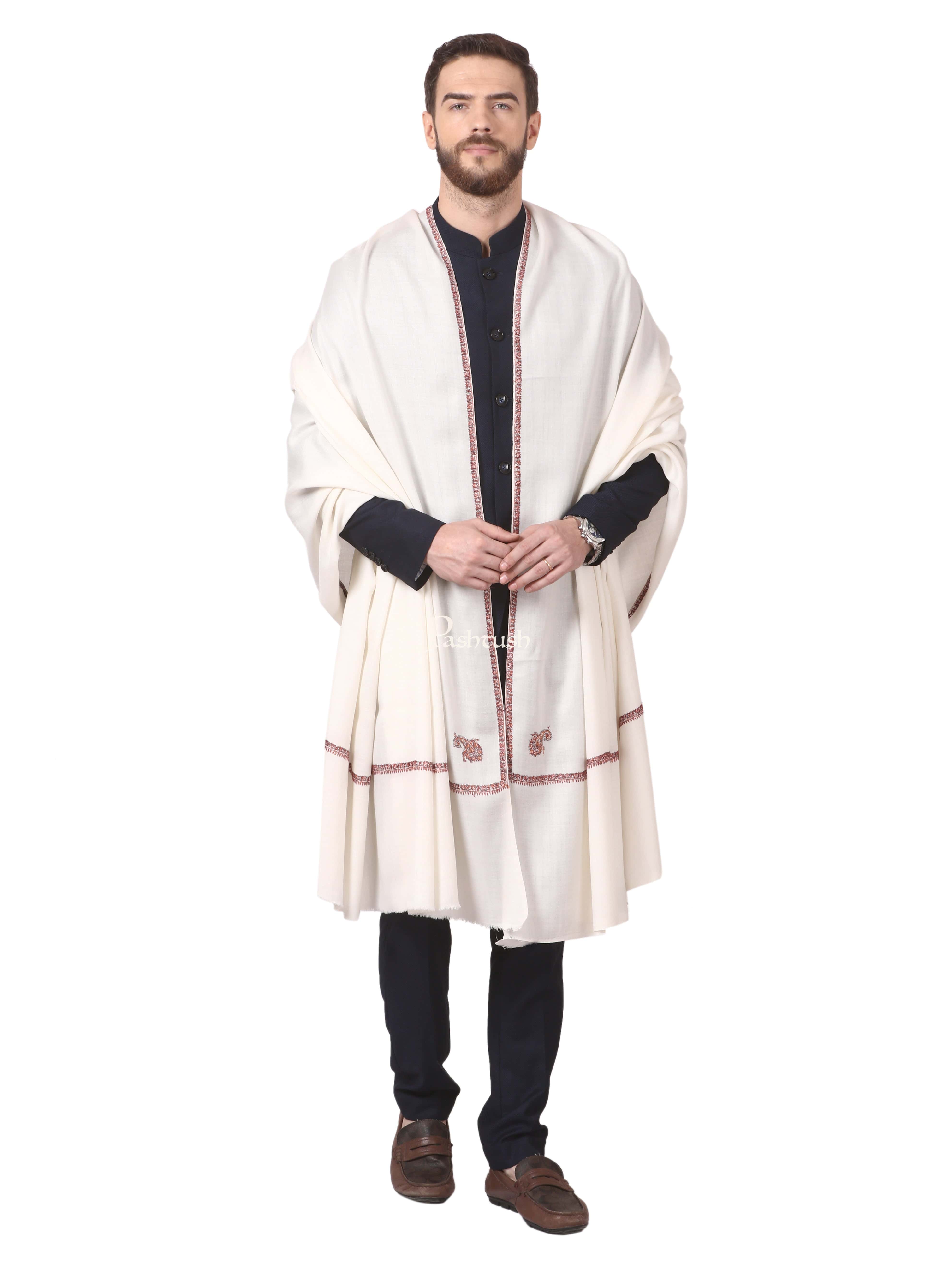 Pashtush Mens Kingri Shawl, Hand Embroidery Shawl, Full Size (White) - Image 3