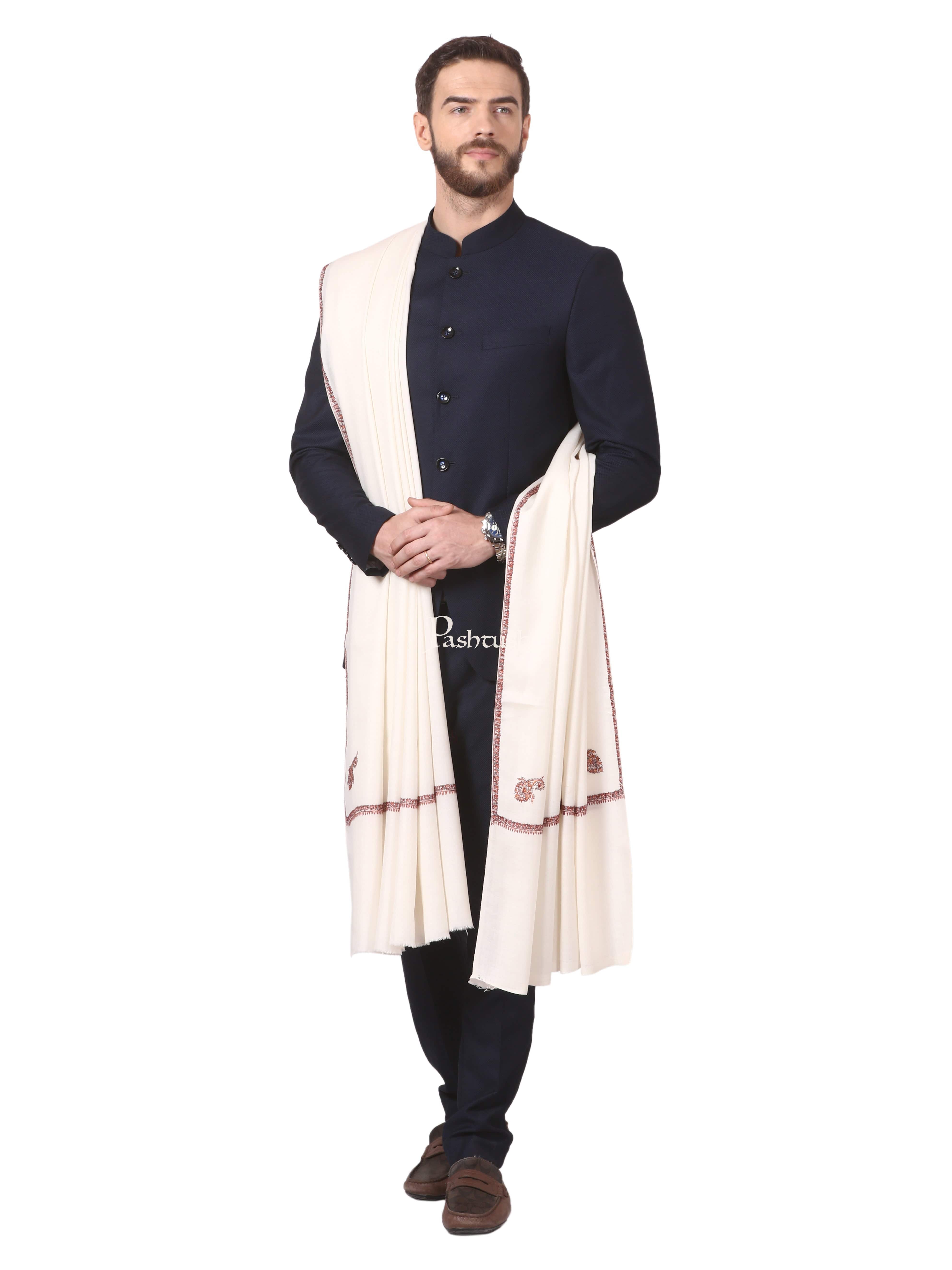 Pashtush Mens Kingri Shawl, Hand Embroidery Shawl, Full Size (White) - Image 4