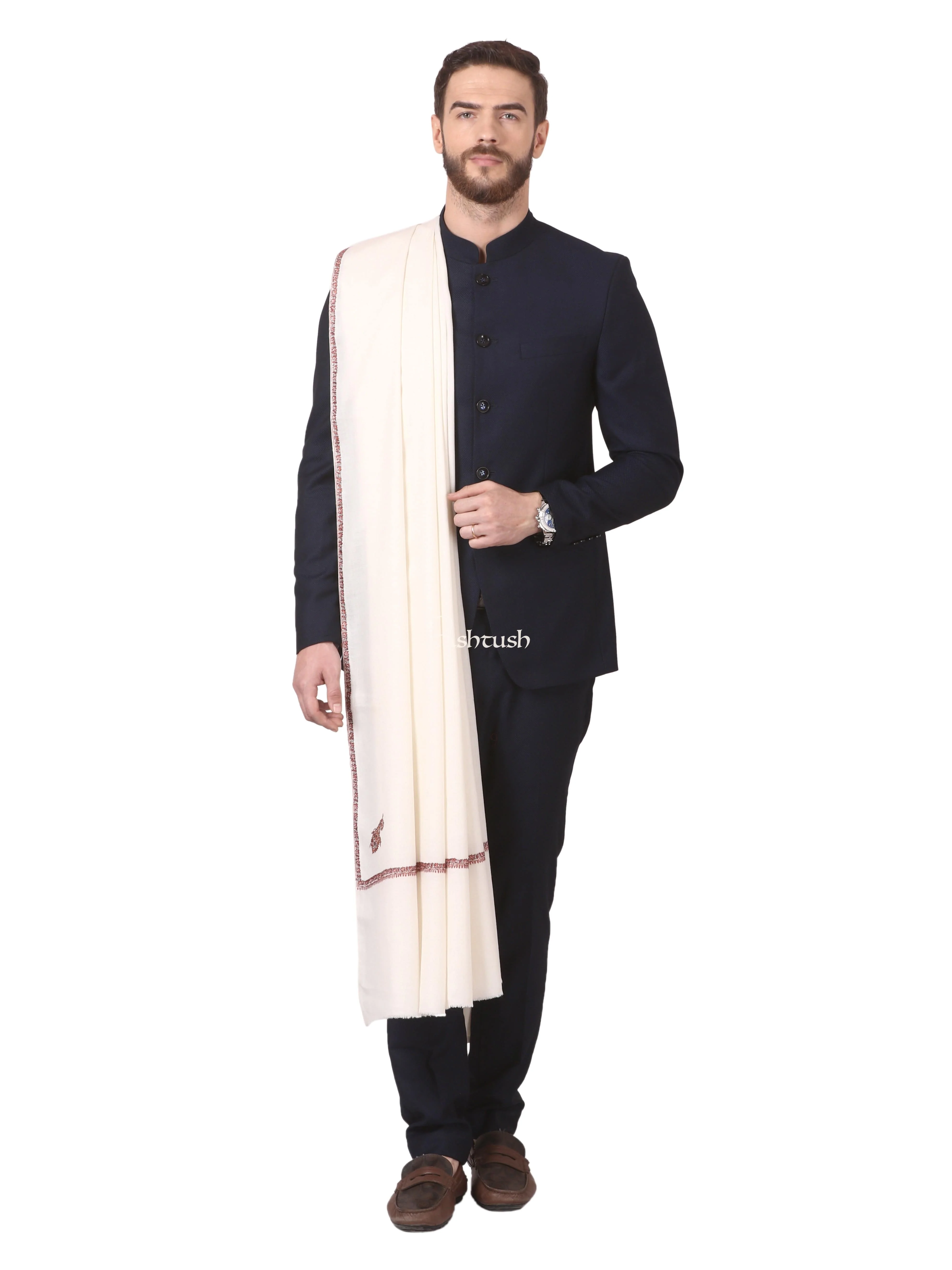 Pashtush Mens Kingri Shawl, Hand Embroidery Shawl, Full Size (White) - Image 5