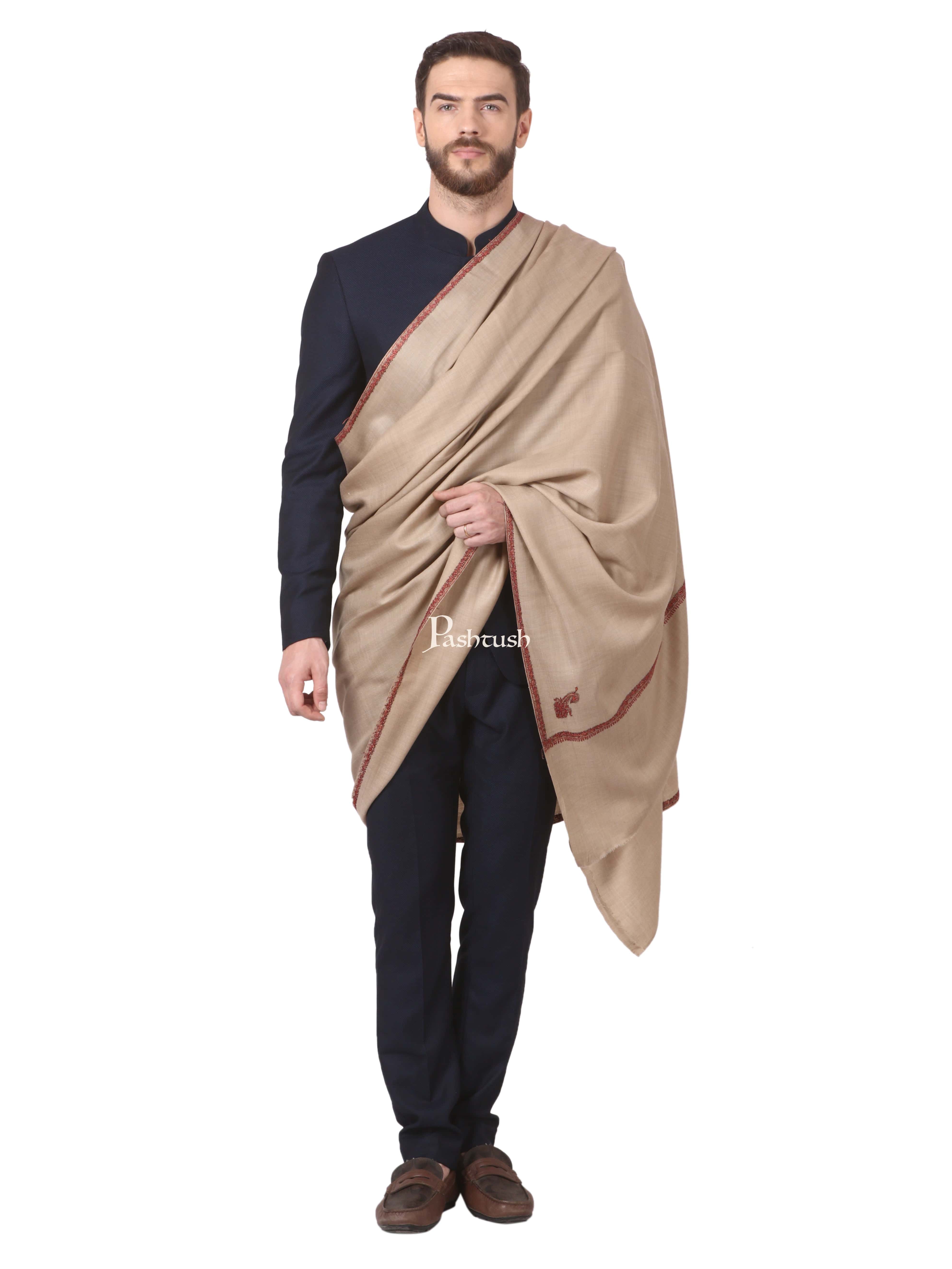 Pashtush Mens Hand Embroidery Shawl, Woollen Shawl With Kingri Design Embroidery Full Size (Beige) - Image 3