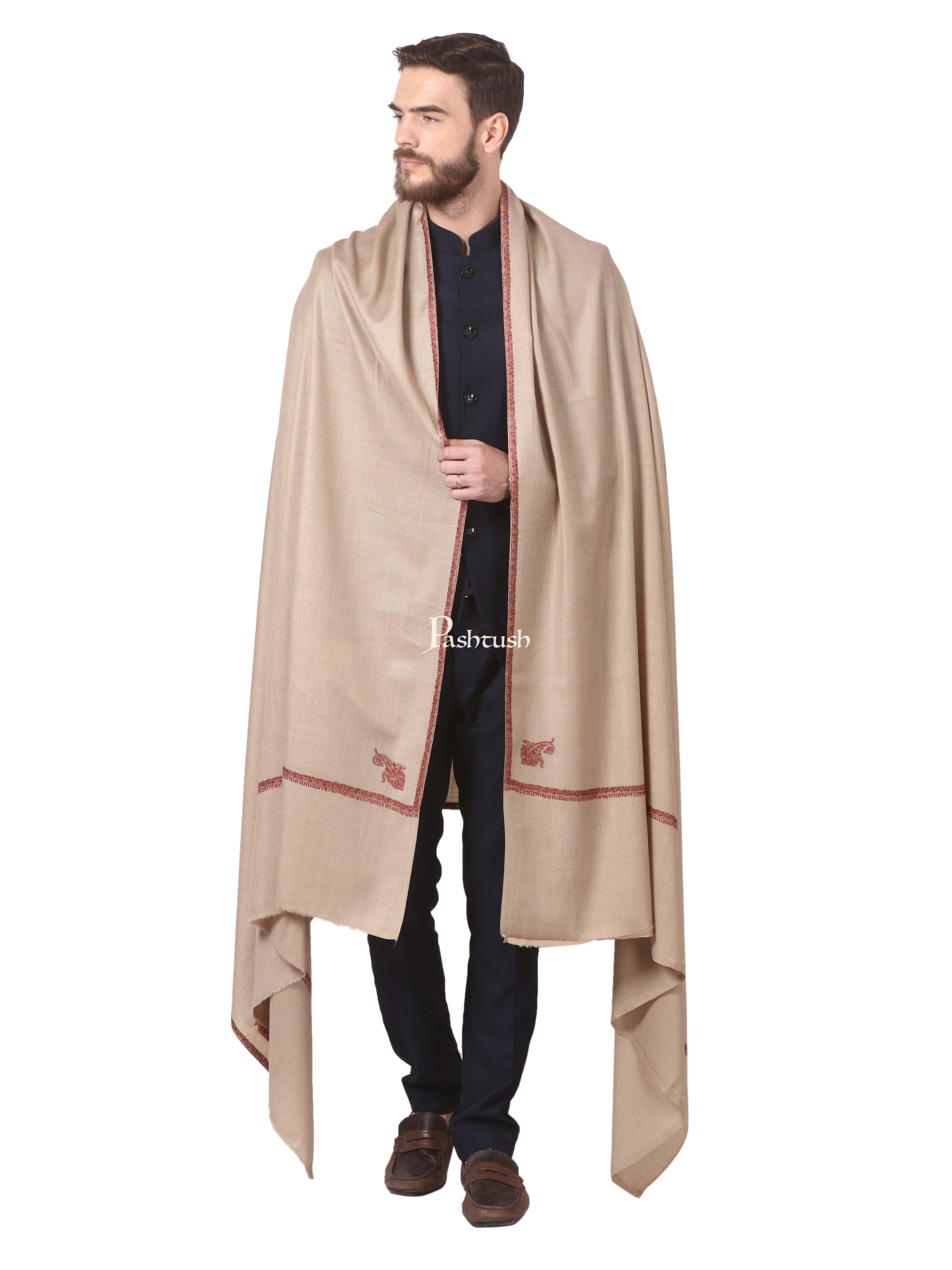 Pashtush Mens Hand Embroidery Shawl, Woollen Shawl With Kingri Design Embroidery Full Size (Beige) - Image 4