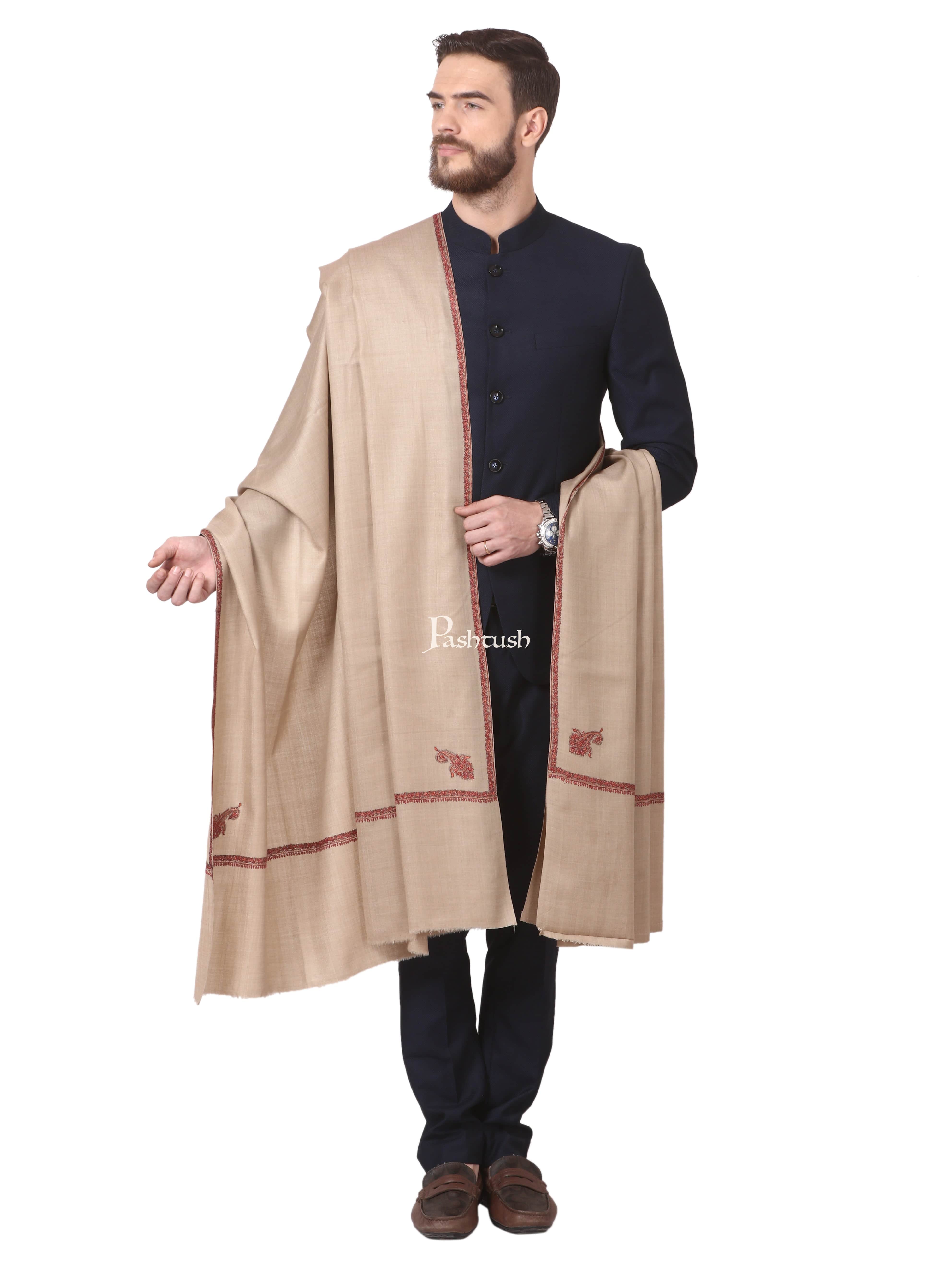 Pashtush Mens Hand Embroidery Shawl, Woollen Shawl With Kingri Design Embroidery Full Size (Beige) - Image 5