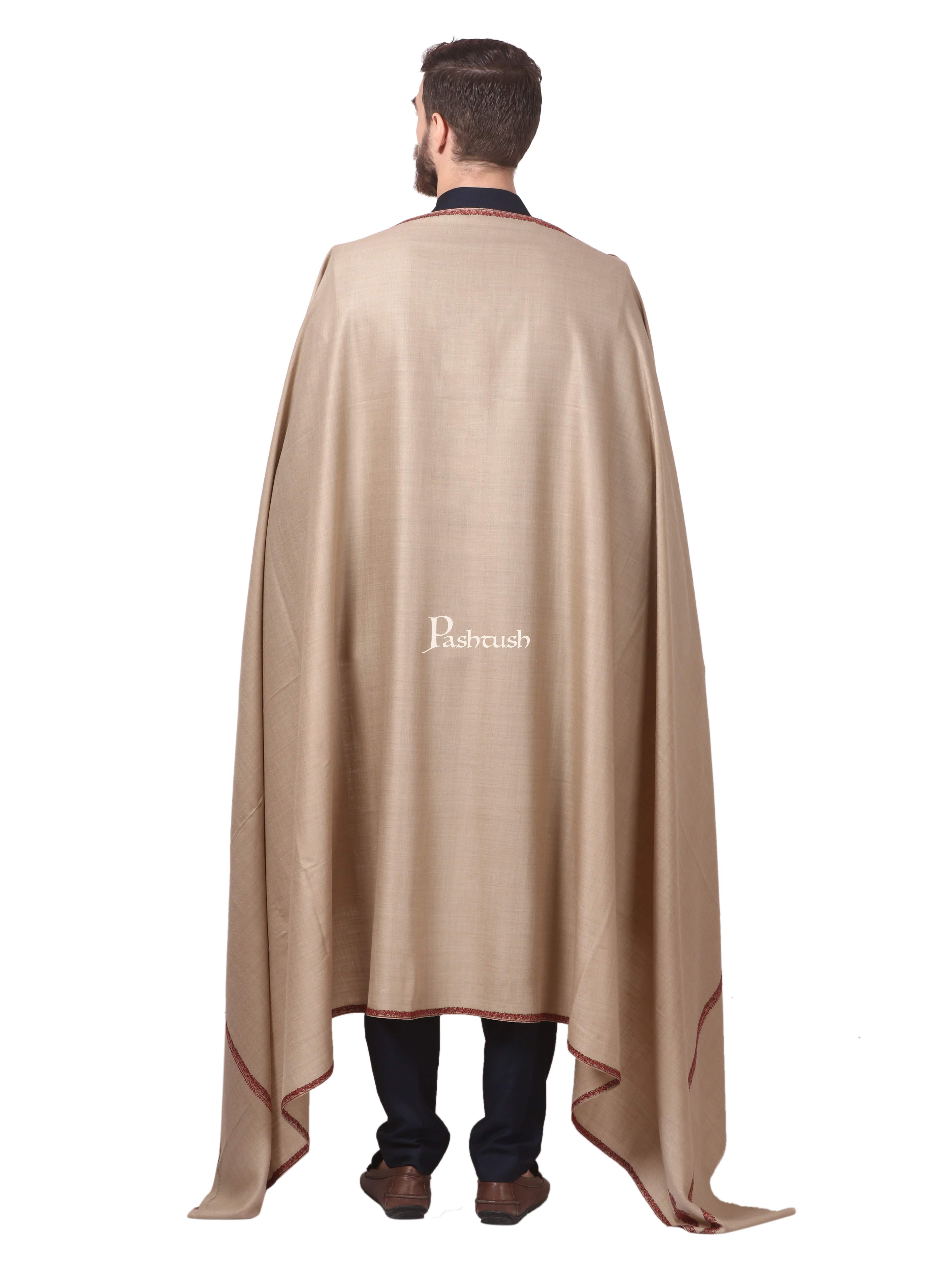 Pashtush Mens Hand Embroidery Shawl, Woollen Shawl With Kingri Design Embroidery Full Size (Beige) - Image 6