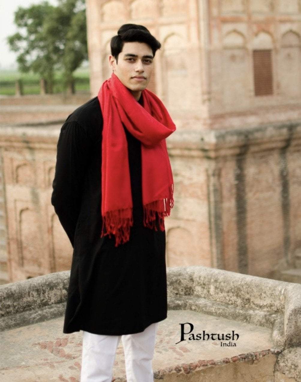 Pashtush Mens Fine Wool Jacquard Muffler (Scarlet) - Image 3
