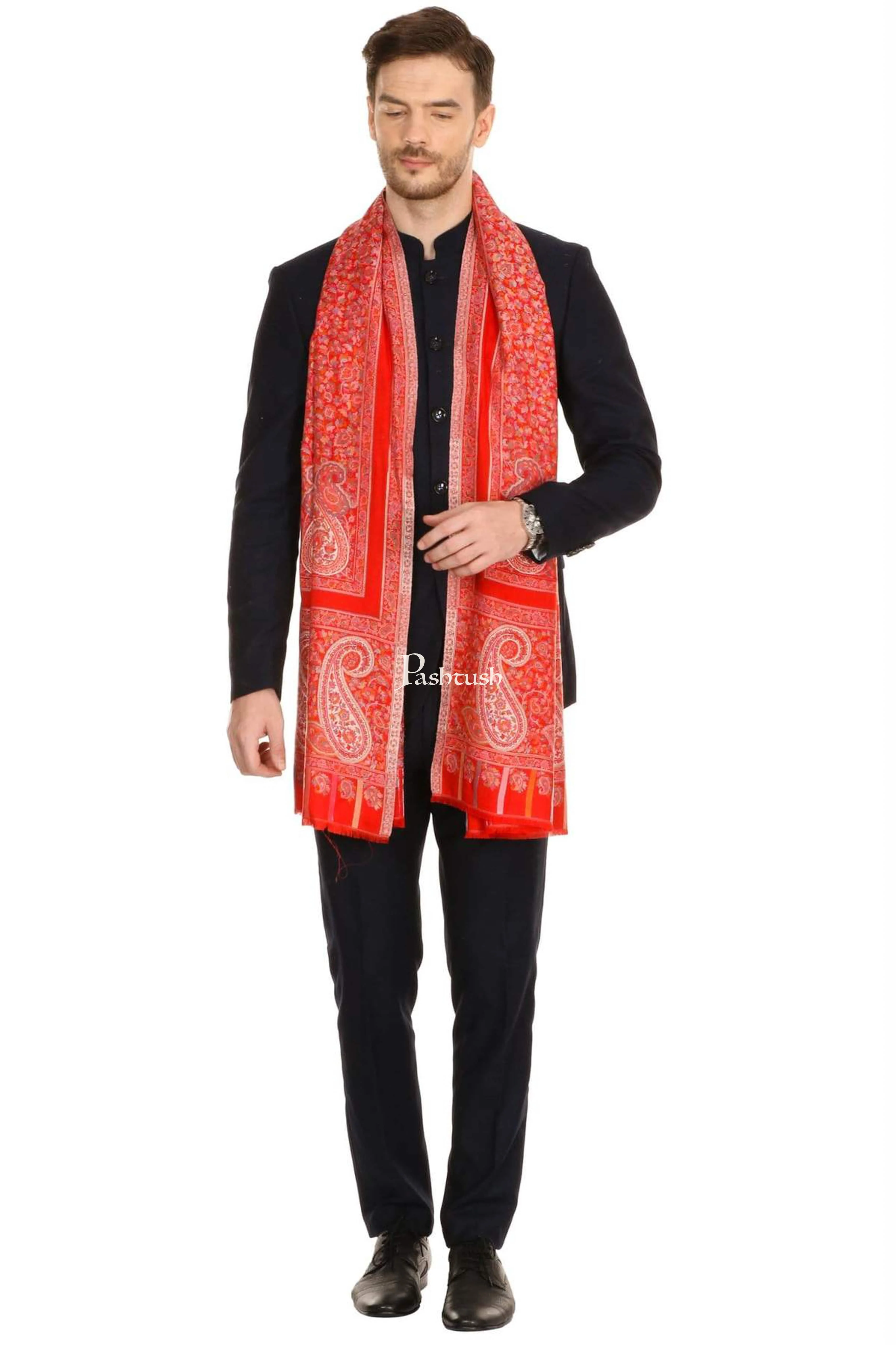Pashtush Mens Ethnic Fine Extra Soft Stole (70 X 200 Cm ) Red - Image 4