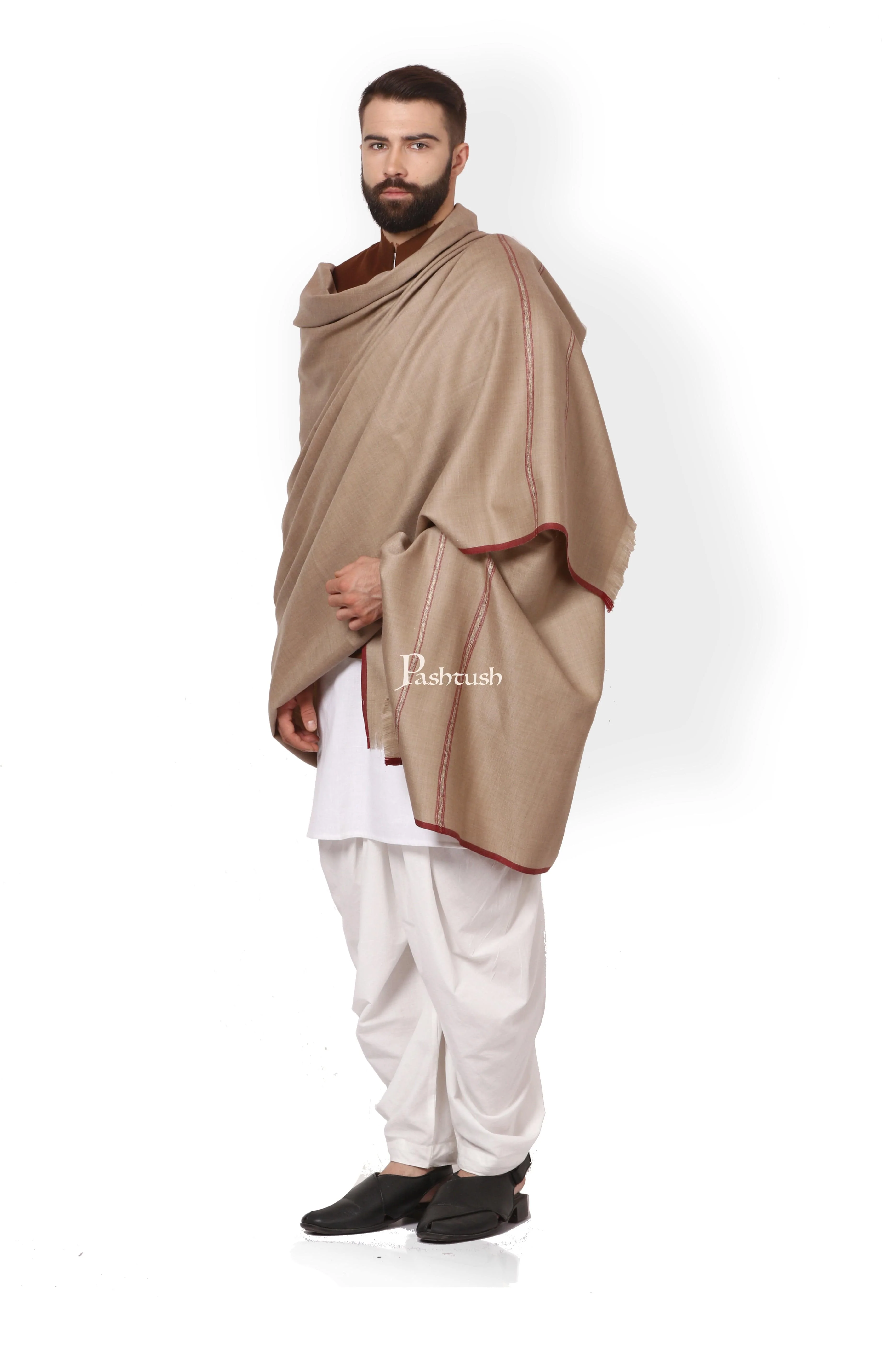 Pashtush Mens Thick Shawl Gents Lohi Woven Kinauri Design, Beige - Image 4