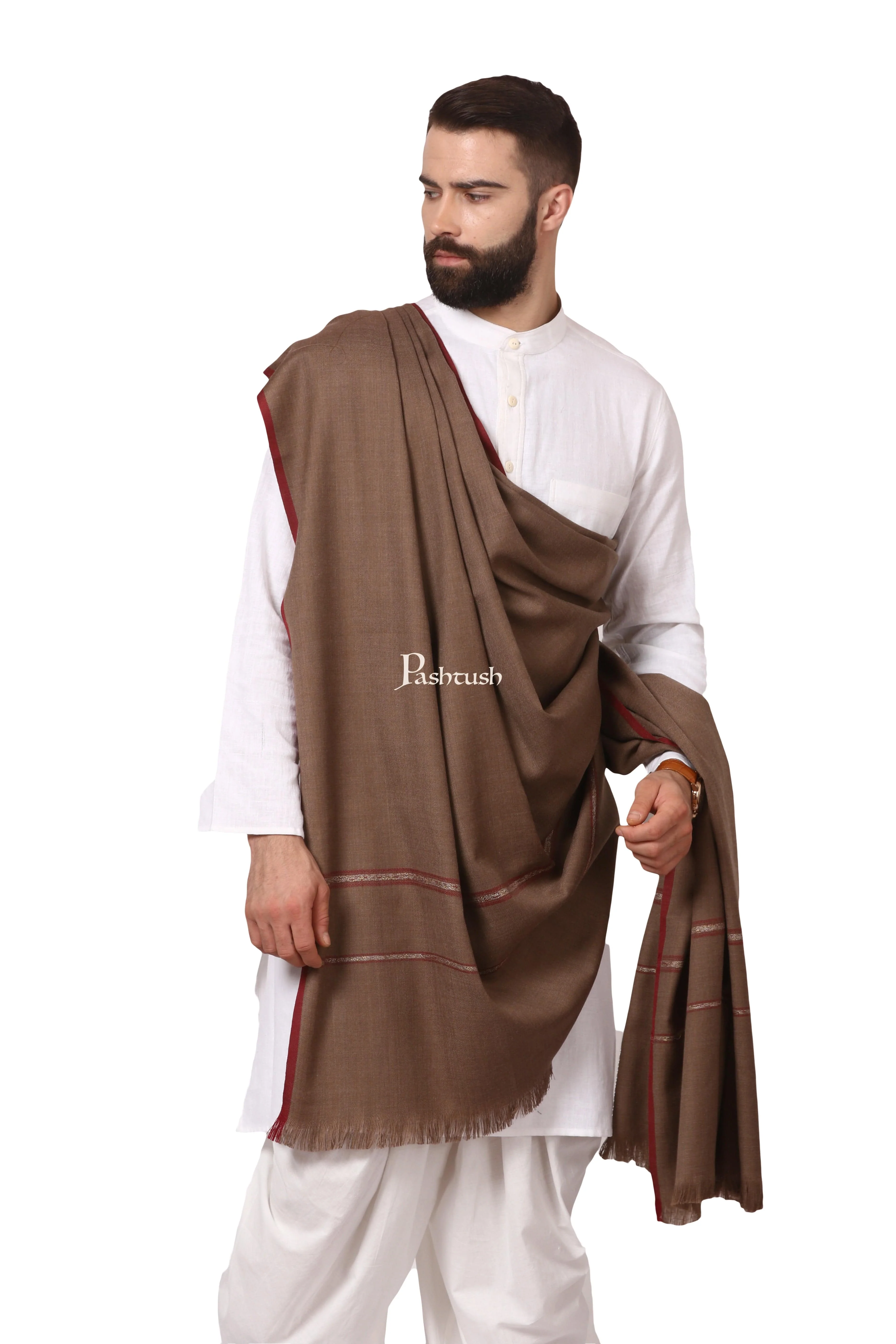 Pashtush Mens Thick Shawl Gents Lohi Woven Kinauri Design Fine Wool Full Size, Taupe - Image 3