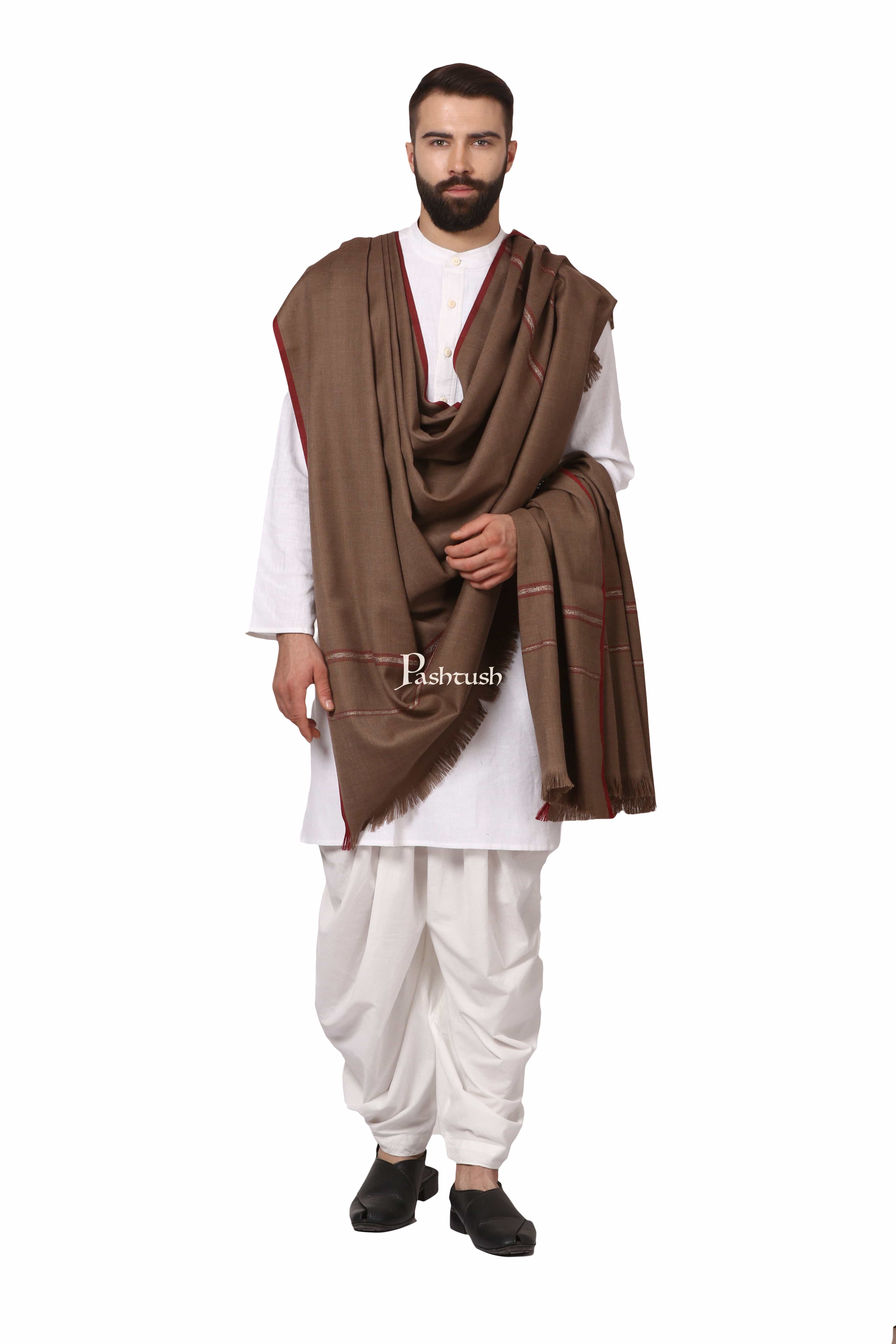 Pashtush Mens Thick Shawl Gents Lohi Woven Kinauri Design Fine Wool Full Size, Taupe - Image 4