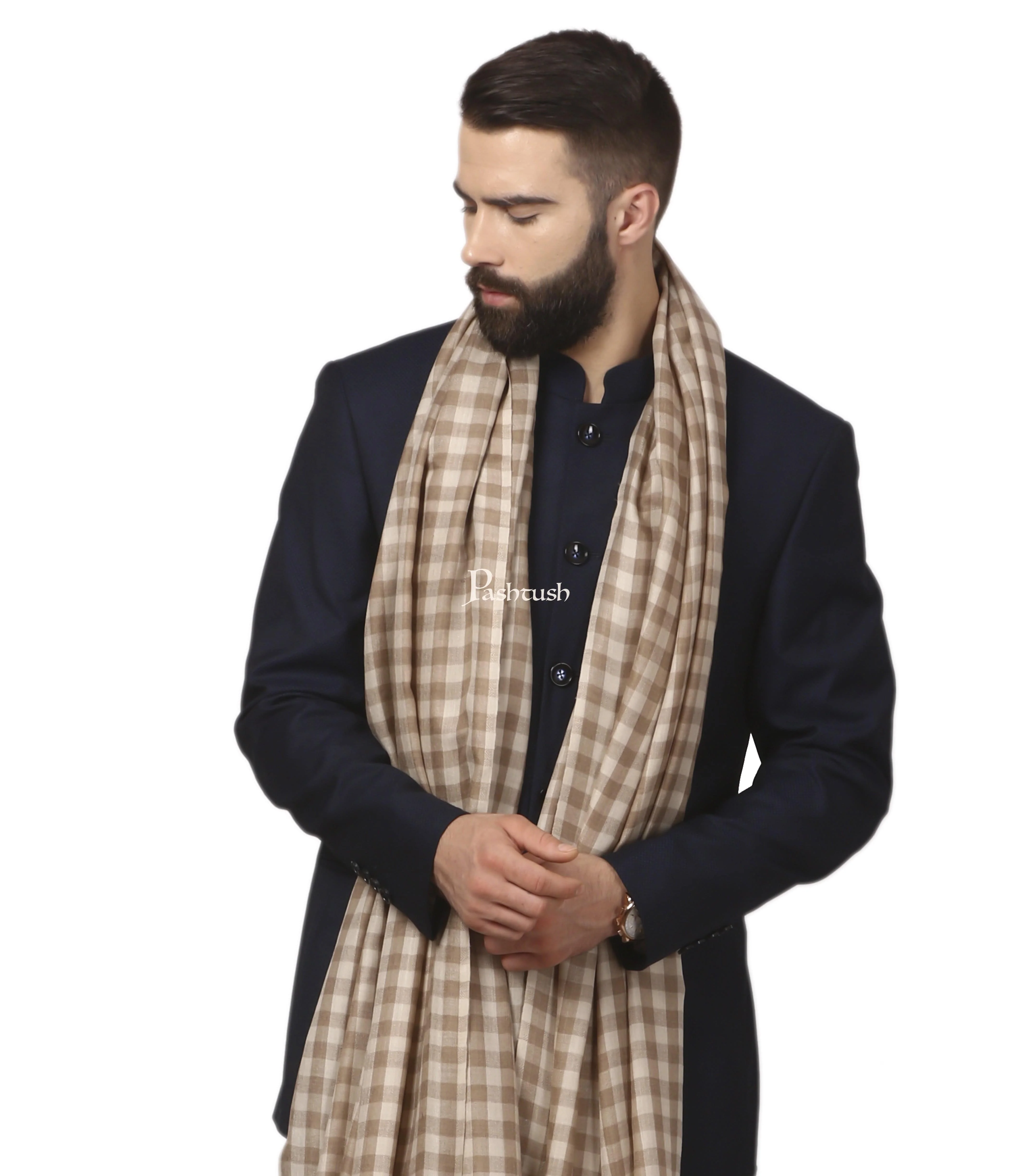 Pashtush Mens Woven Check Design Shawl, Australian Merino Wool Light Weight, Soft Handfeel - Image 3
