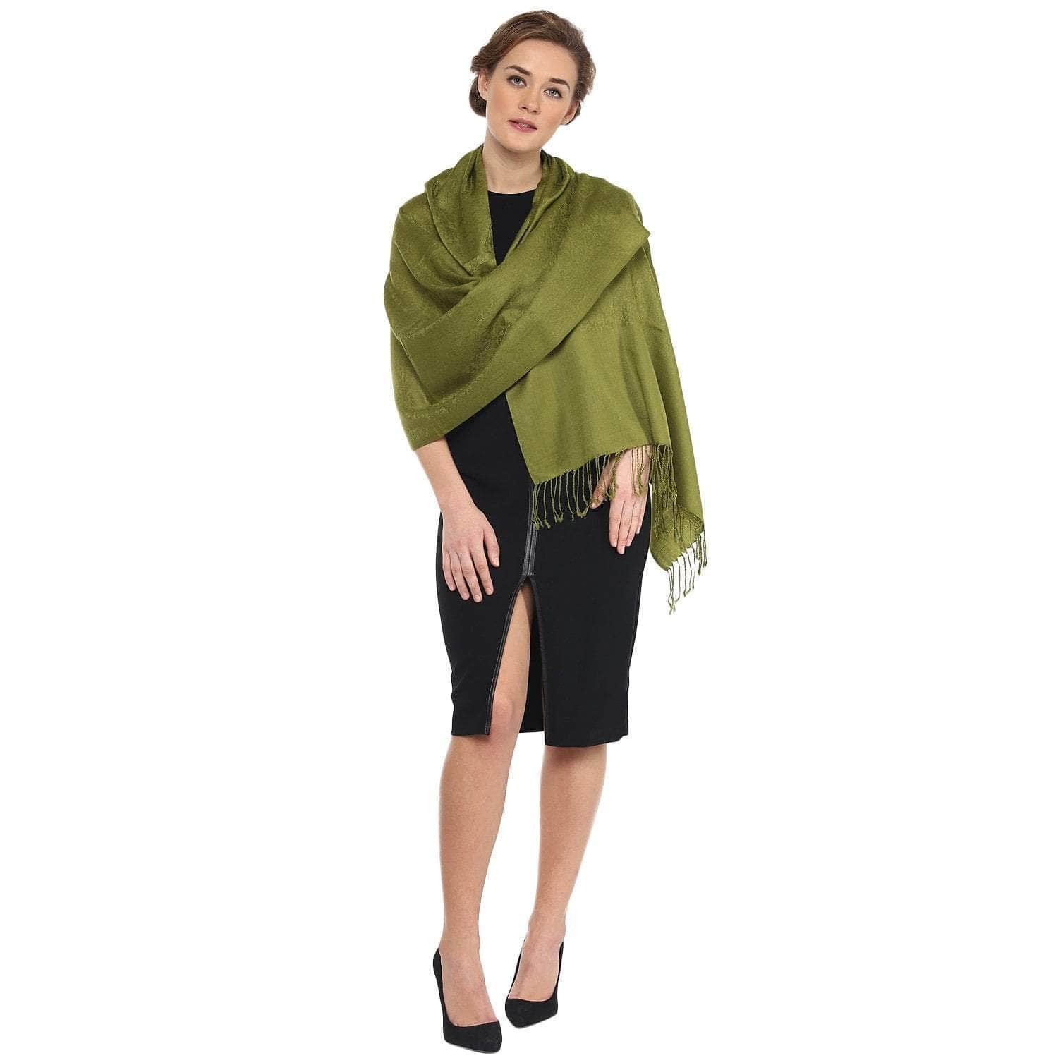 Pashtush Womens Stole, Fine Wool Scarf, Paisley Jacquard Weave, Olive Green - Image 3