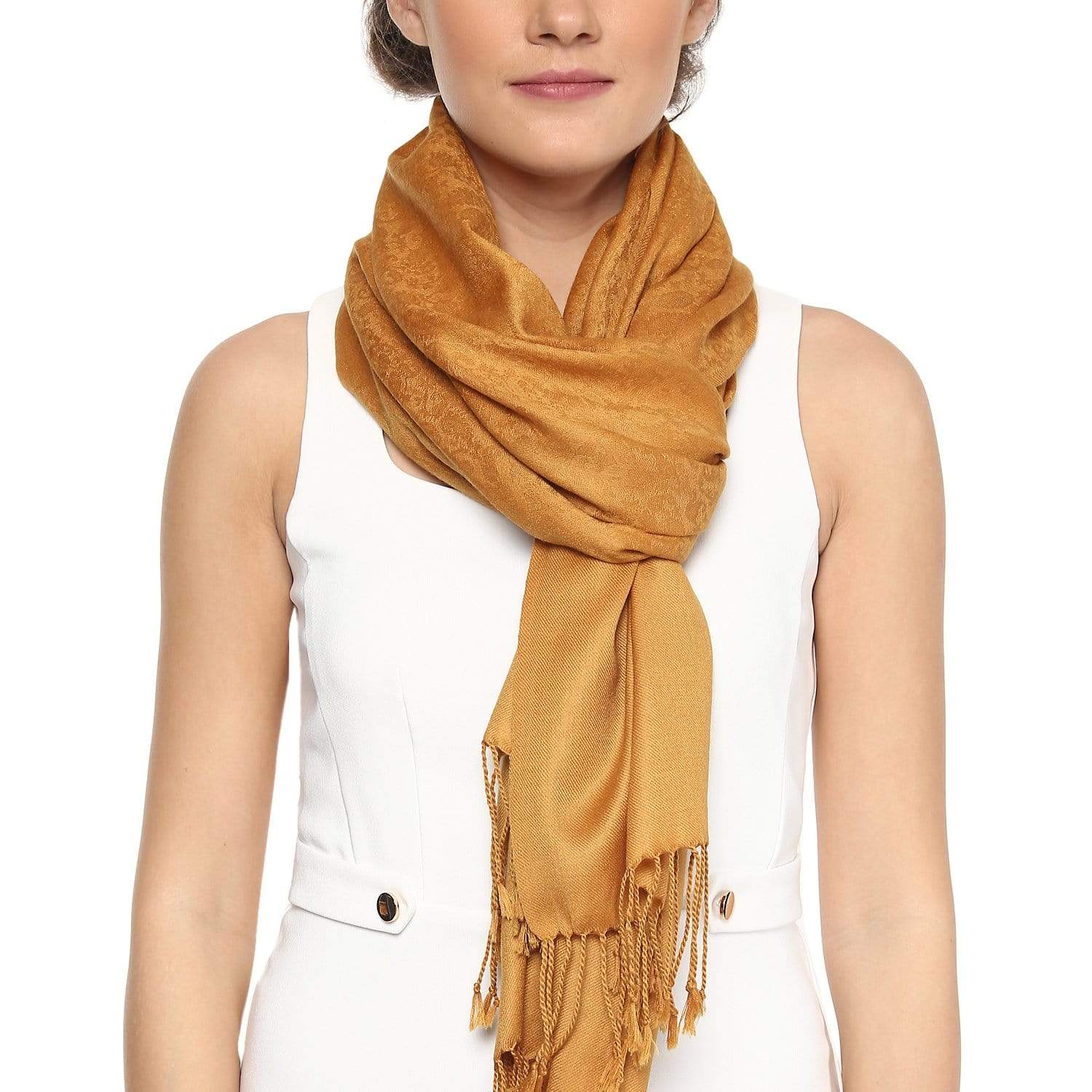 Pashtush Womens Stole, Fine Wool Scarf, Paisley Jacquard Weave, Mustard - Image 3