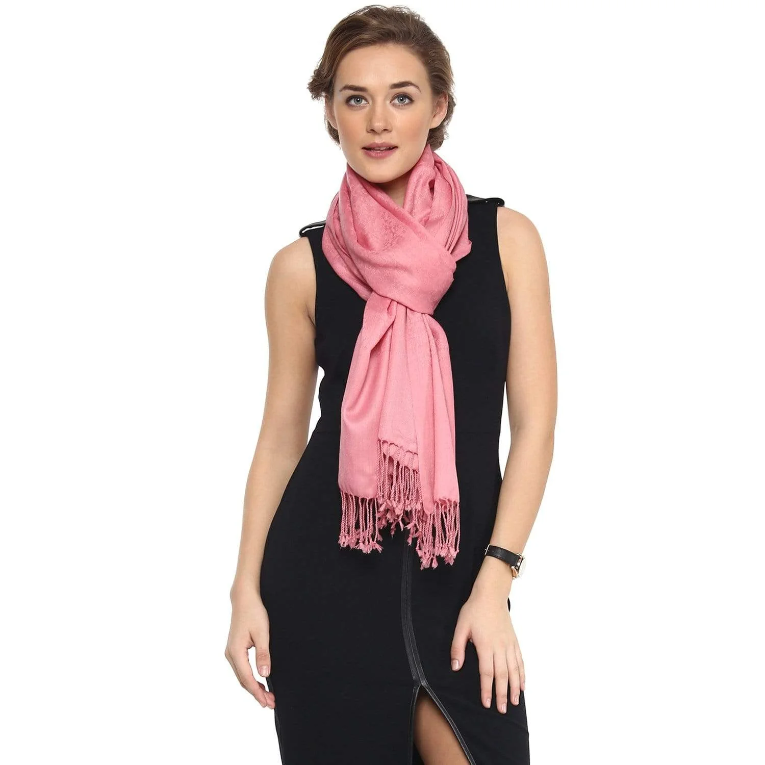 Pashtush Womens Stole, Fine Wool Scarf, Paisley Jacquard Weave, Soft Pink - Image 3
