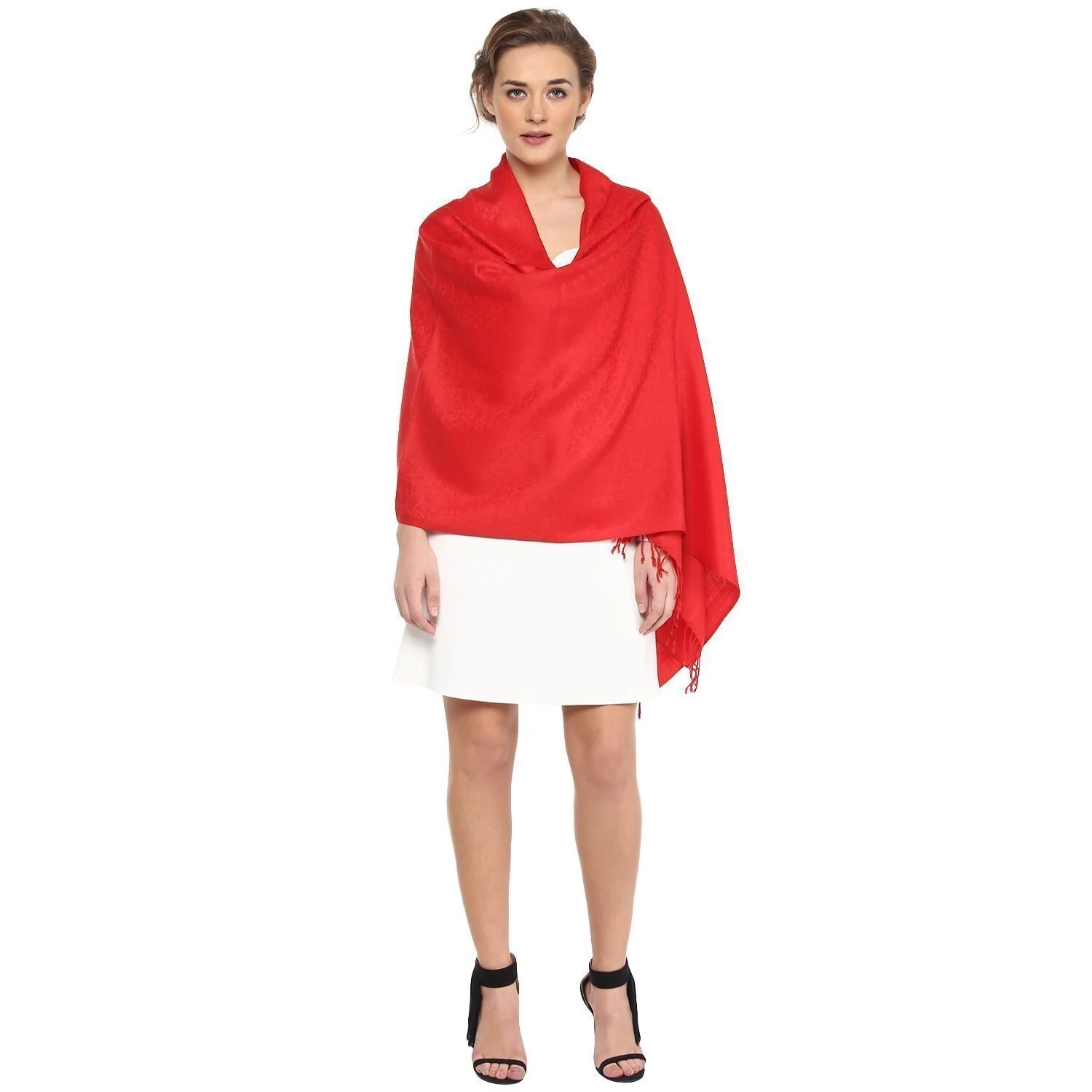 Pashtush Womens Stole, Fine Wool Scarf, Paisley Jacquard Weave, Scarlet Red - Image 3