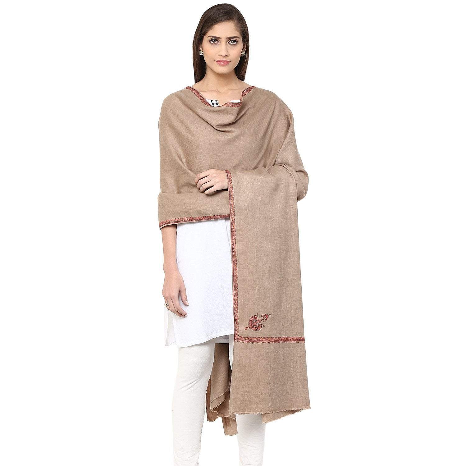 Pashtush Womens Kashmiri Hand Embroidery Shawl, Woollen, Kingri Design, Taupe - Image 4