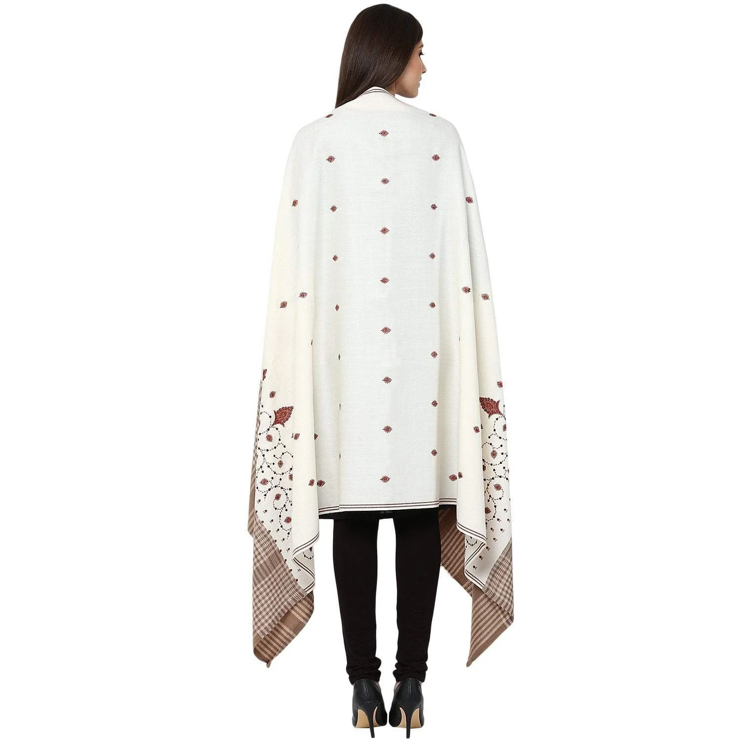 Pashtush Women'S Embroidered Wool Shawl White With Check Palla - Image 4