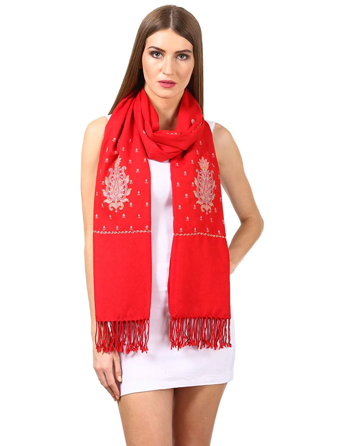 Pashtush Womens Fine Wool Embroidery Stole, Red - Image 3