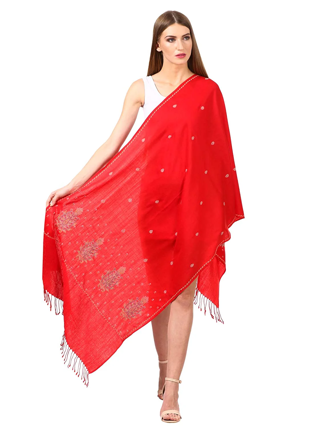 Pashtush Womens Fine Wool Embroidery Stole, Red - Image 5