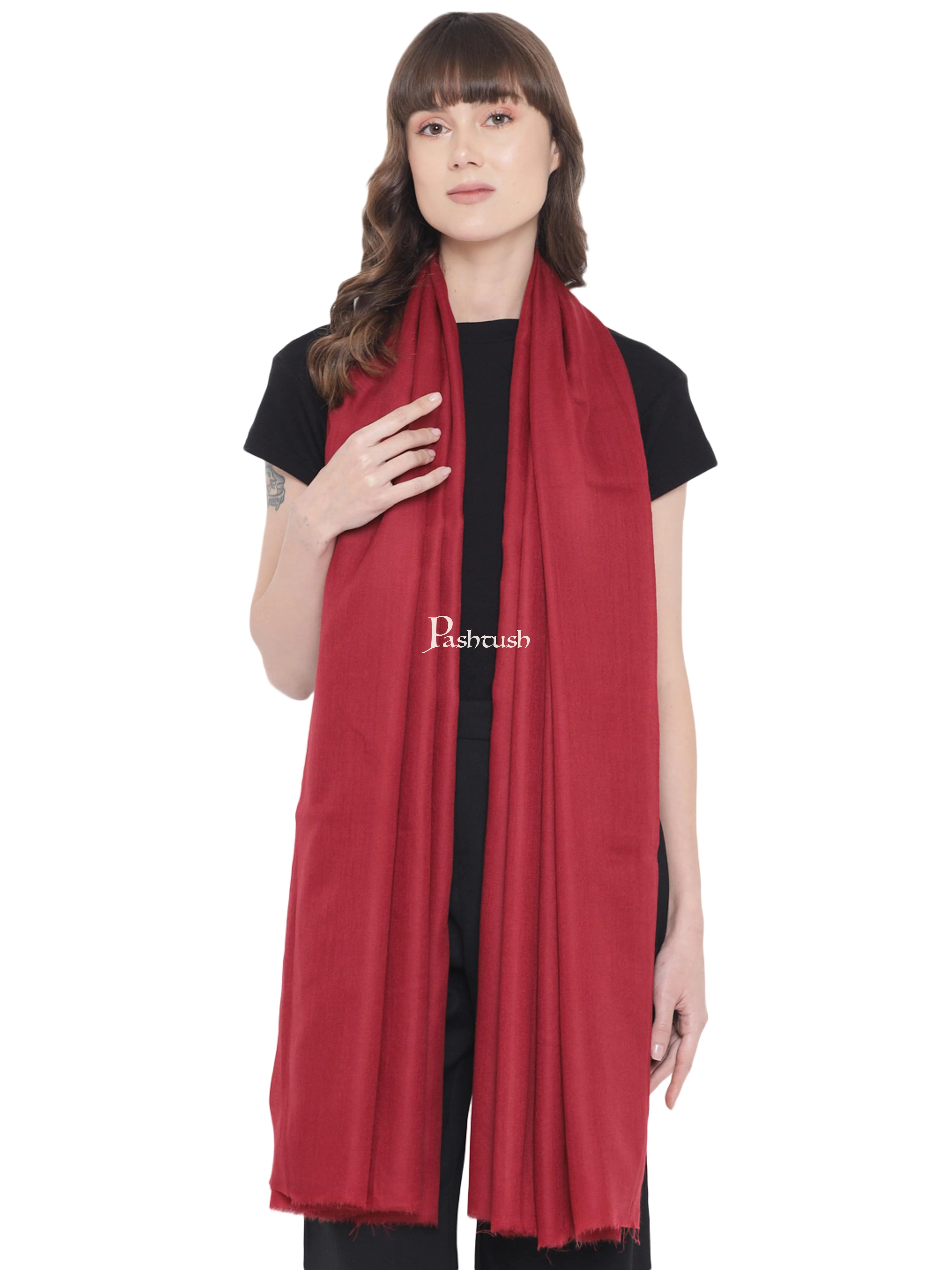 Pashtush Womens Fine Wool Shawl, Extra Soft Warm - Light Weight, Solid Crimson - Image 3