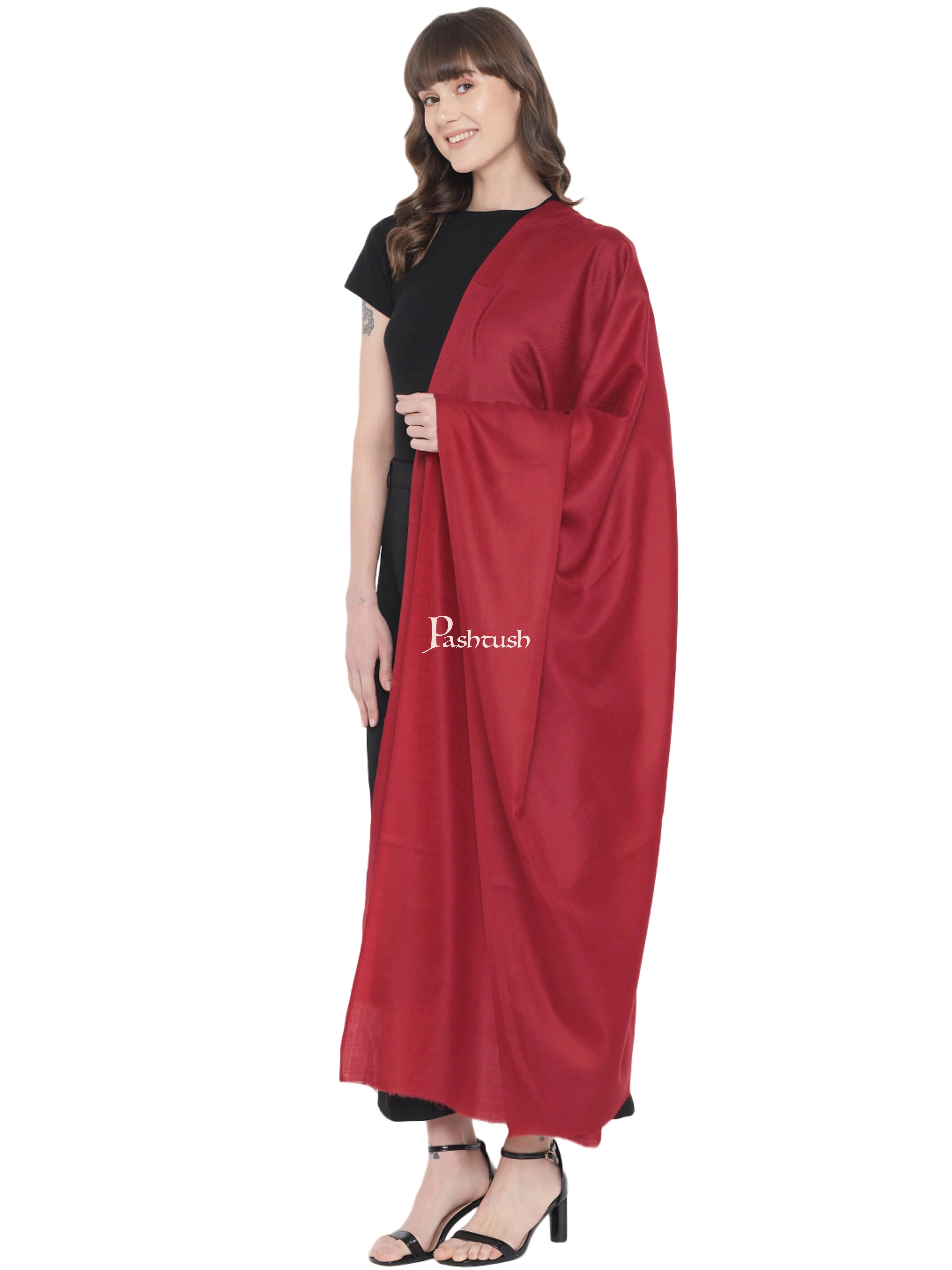Pashtush Womens Fine Wool Shawl, Extra Soft Warm - Light Weight, Solid Crimson - Image 6