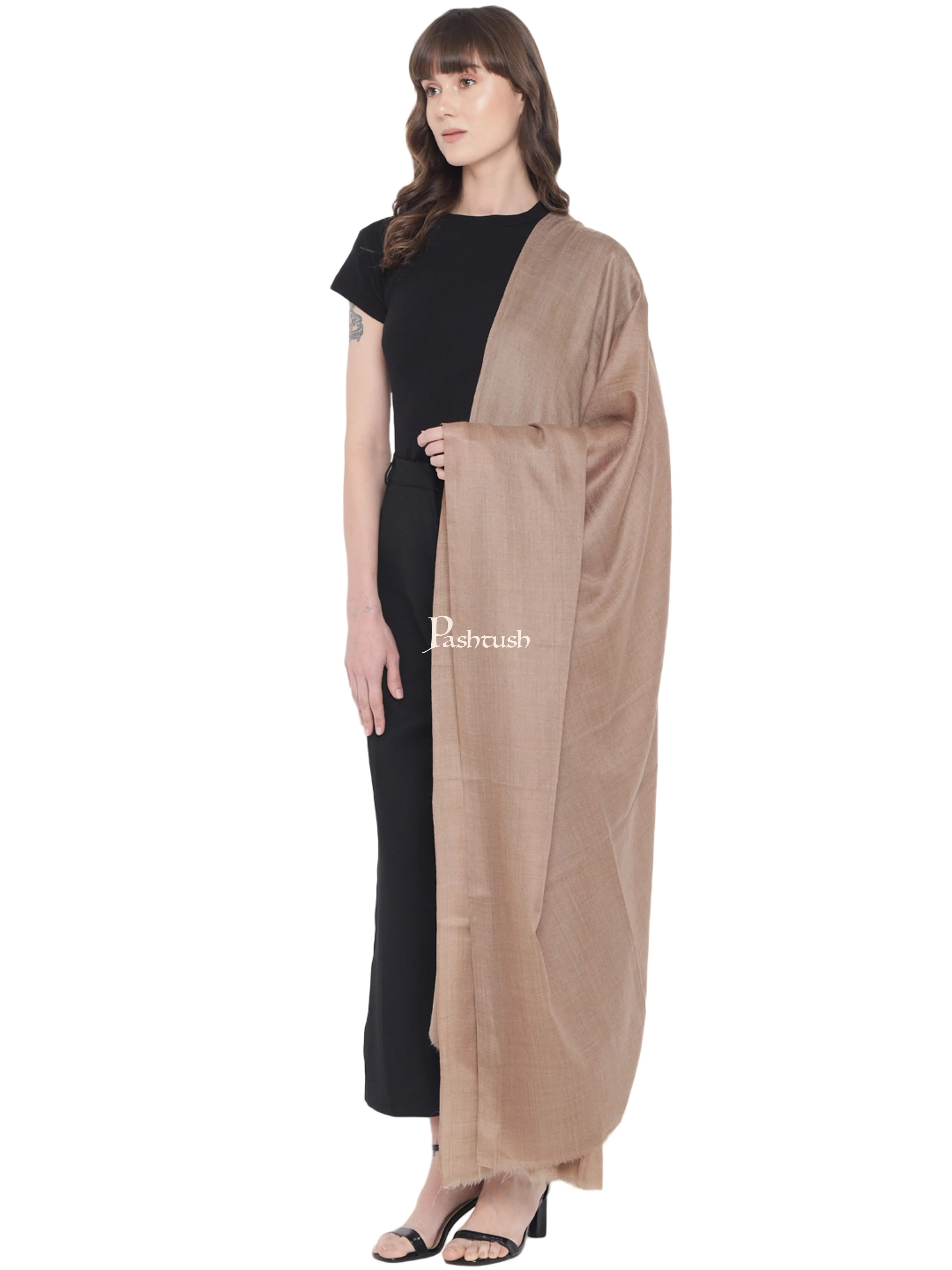 Pashtush Womens Fine Wool Shawl, Natural, Extra Soft Warm - Light Weight, Taupe - Image 5