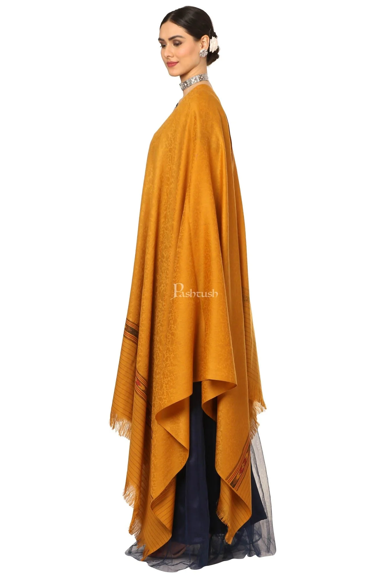 Pashtush Women'S Fine Wool Shawl, Soft And Warm, Aztec Design, Jacquard Weave - Palla Mustard - Image 3