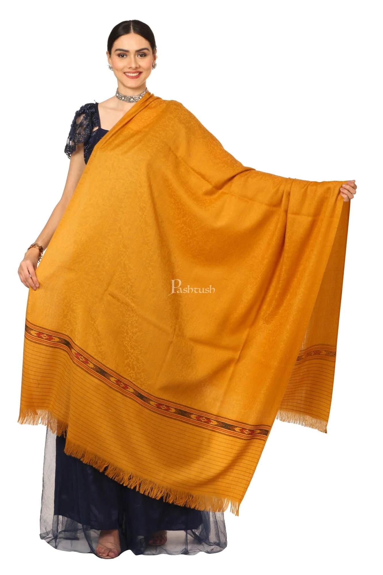 Pashtush Women'S Fine Wool Shawl, Soft And Warm, Aztec Design, Jacquard Weave - Palla Mustard - Image 4