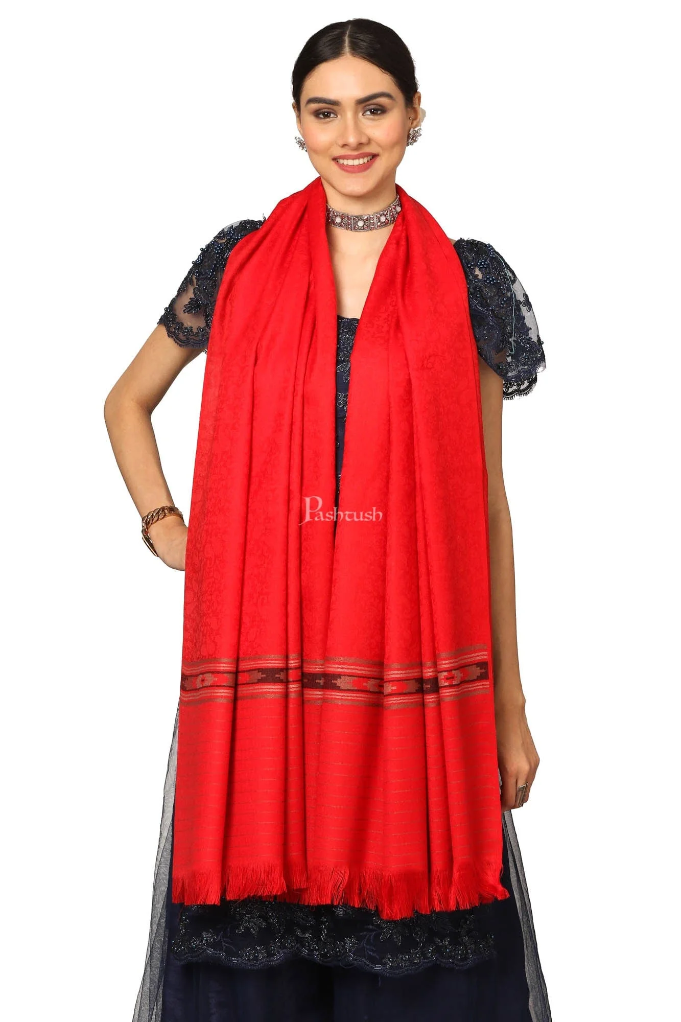 Pashtush Women'S Fine Wool Shawl, Soft And Warm, Aztec Design, Jacquard Weave - Red - Image 4