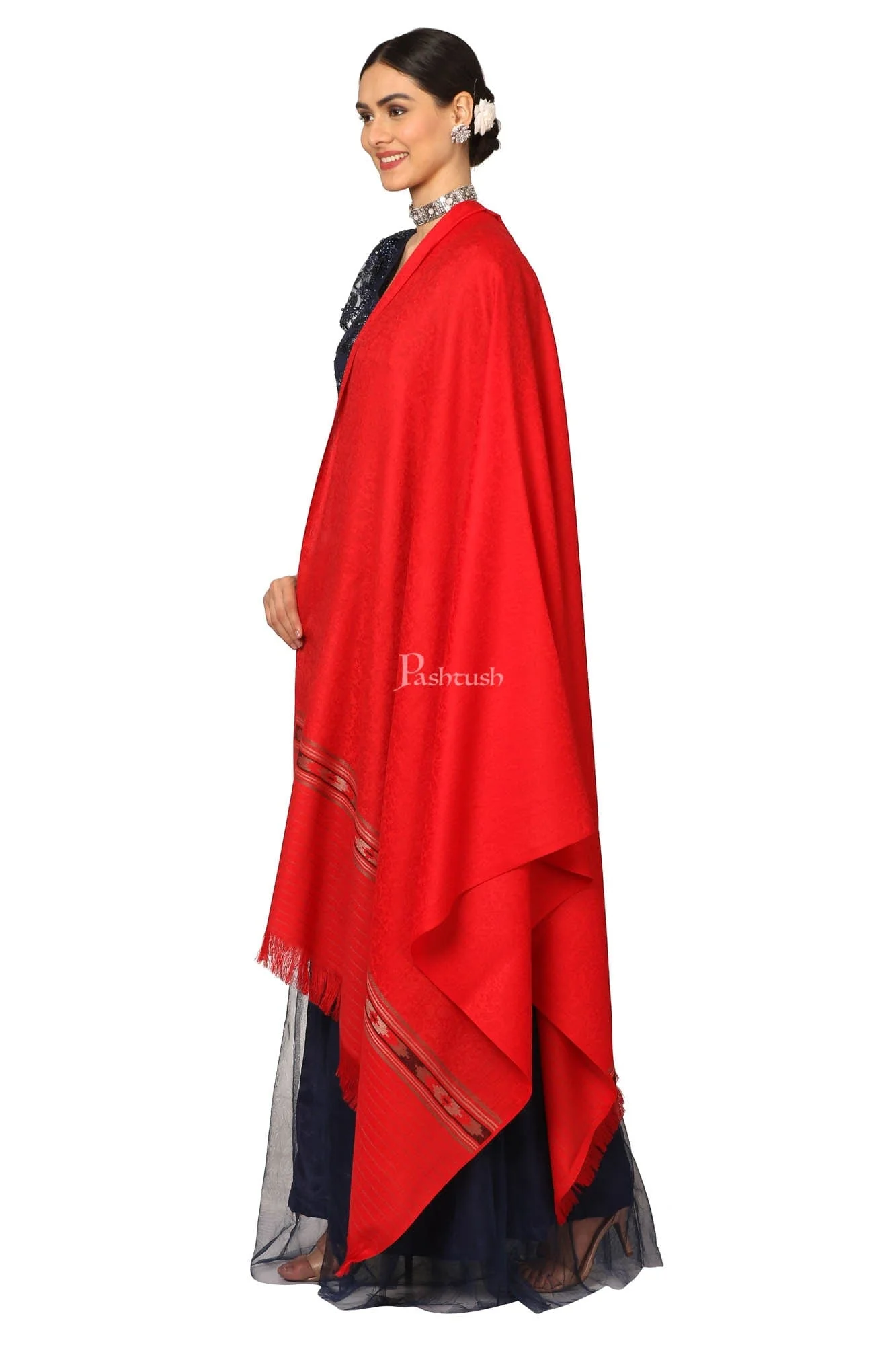 Pashtush Women'S Fine Wool Shawl, Soft And Warm, Aztec Design, Jacquard Weave - Red - Image 5