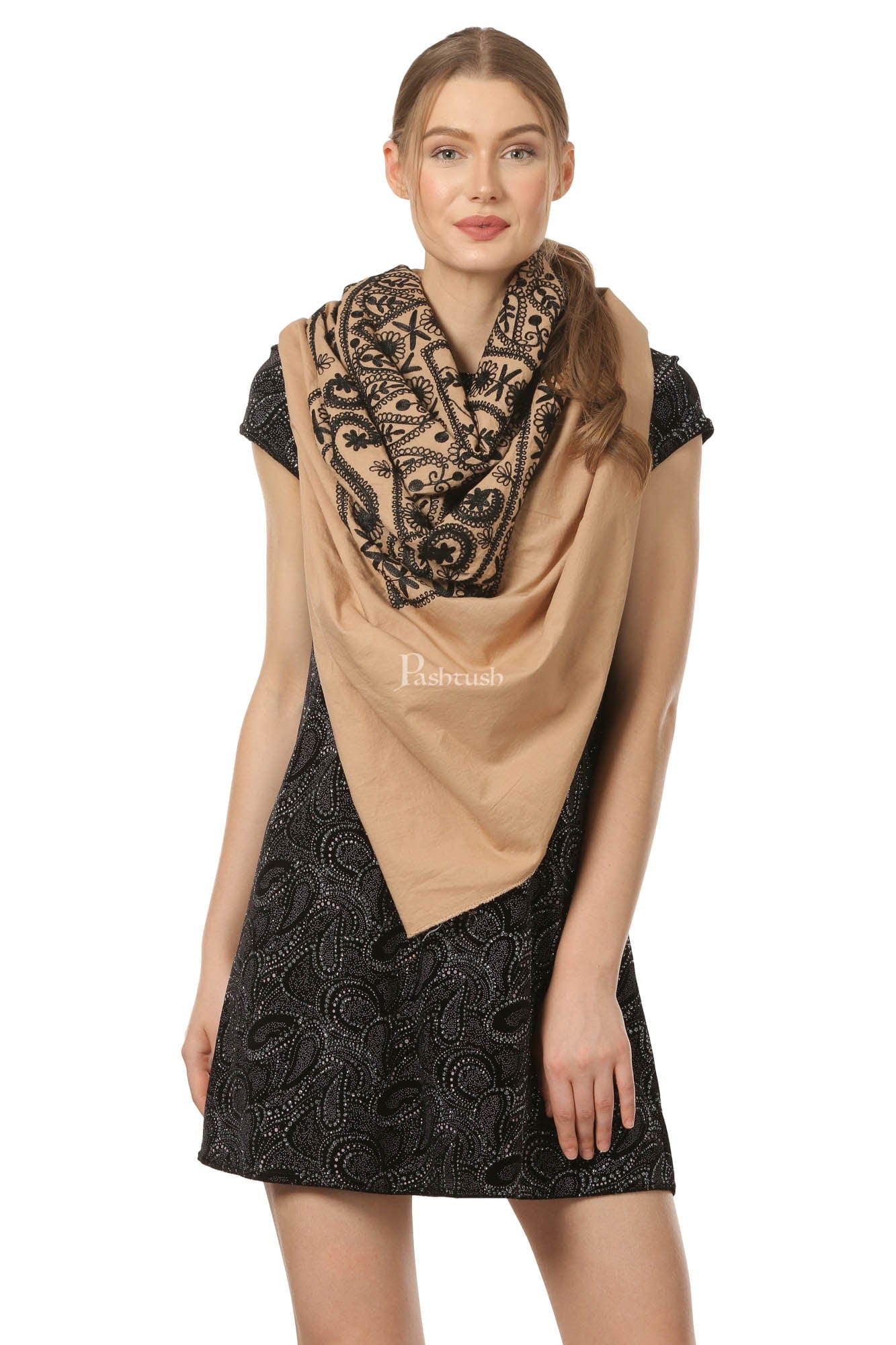 Pashtush Womens Hand Embroidered Kaftan Square Shawl, With Aari Embroidery, Cotton. - Image 3