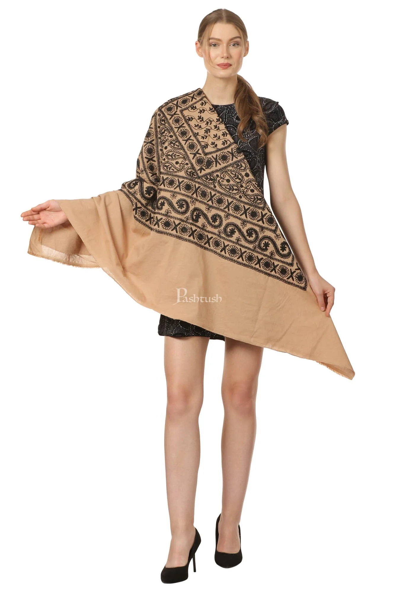 Pashtush Womens Hand Embroidered Kaftan Square Shawl, With Aari Embroidery, Cotton. - Image 4