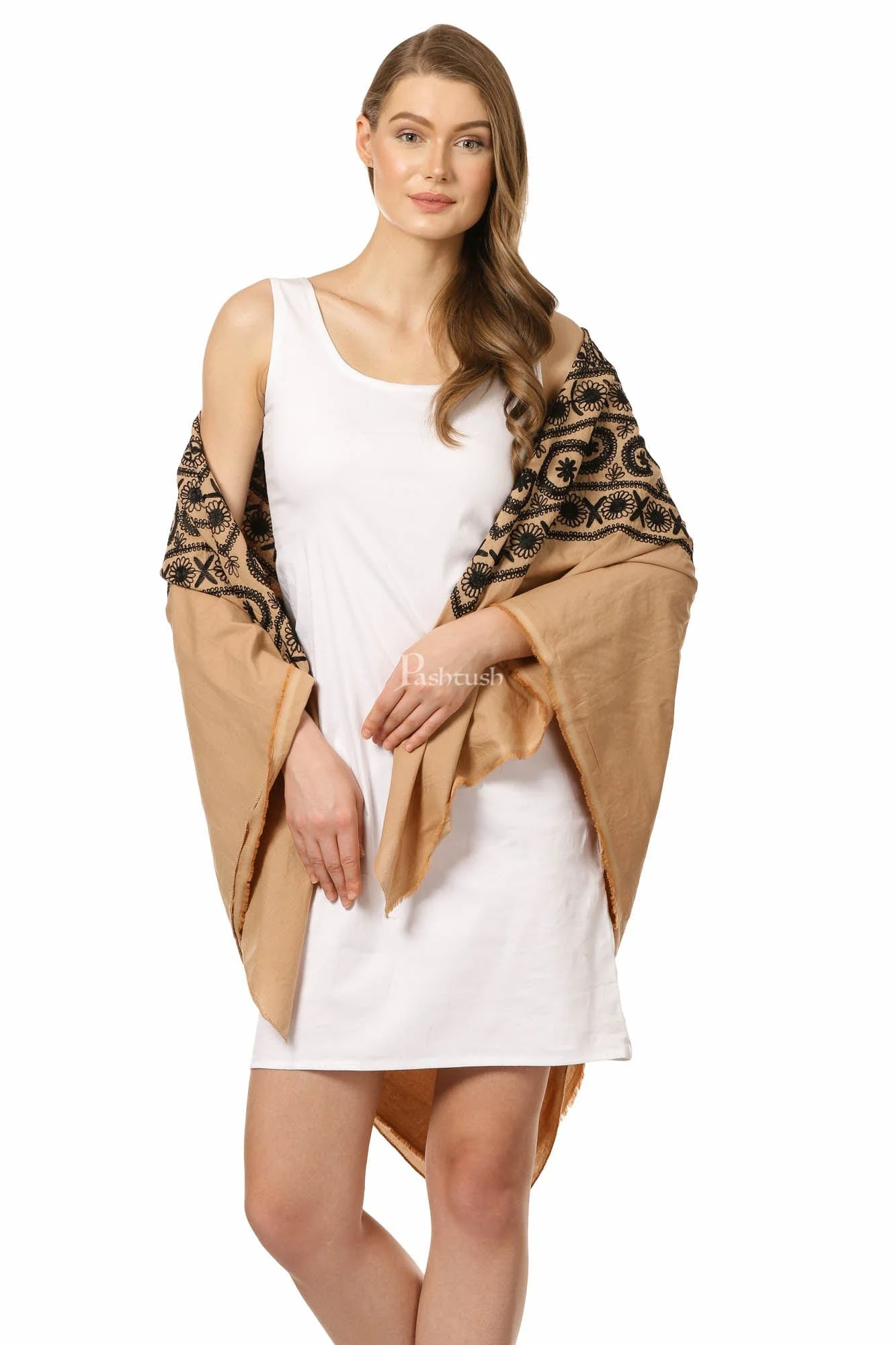 Pashtush Womens Hand Embroidered Kaftan Square Shawl, With Aari Embroidery, Cotton. - Image 9