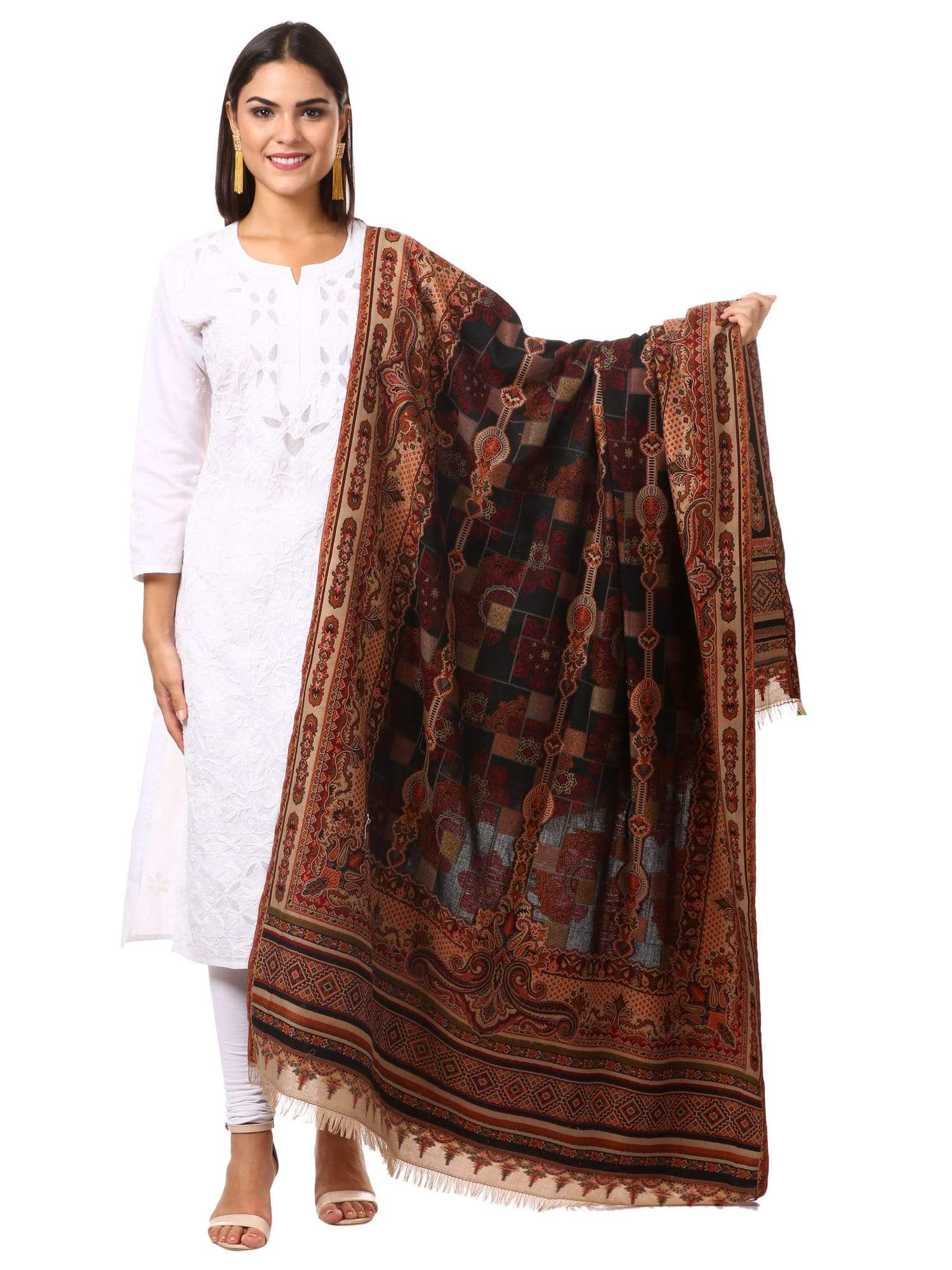 Pashtush Womens Aztec Jamawar Shawl, Faux Pashmina -Black - Image 5