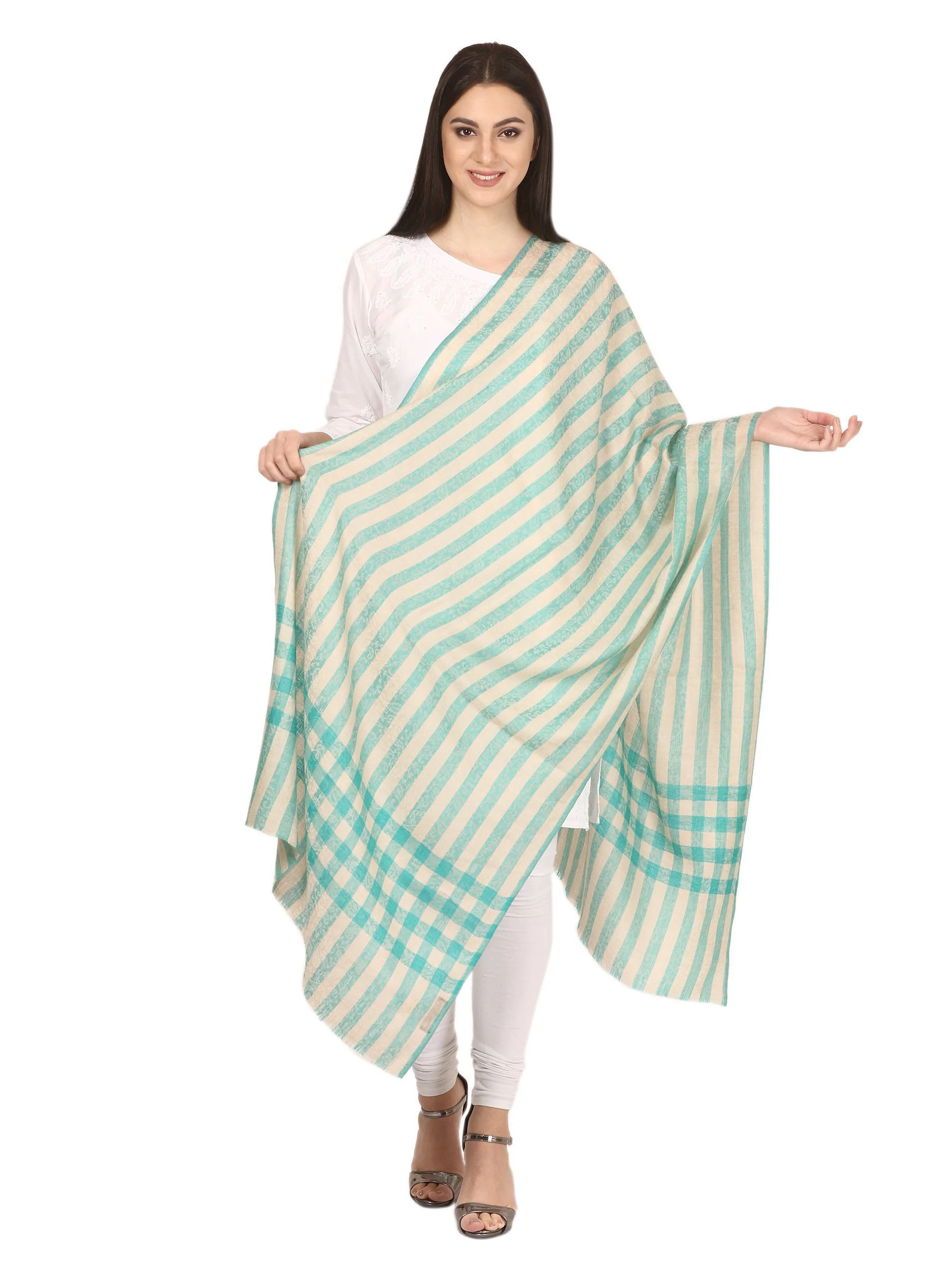 Pashtush Womens Woven Extra Fine Wool Check Stripe Design Scarf,Seagreen - Image 3