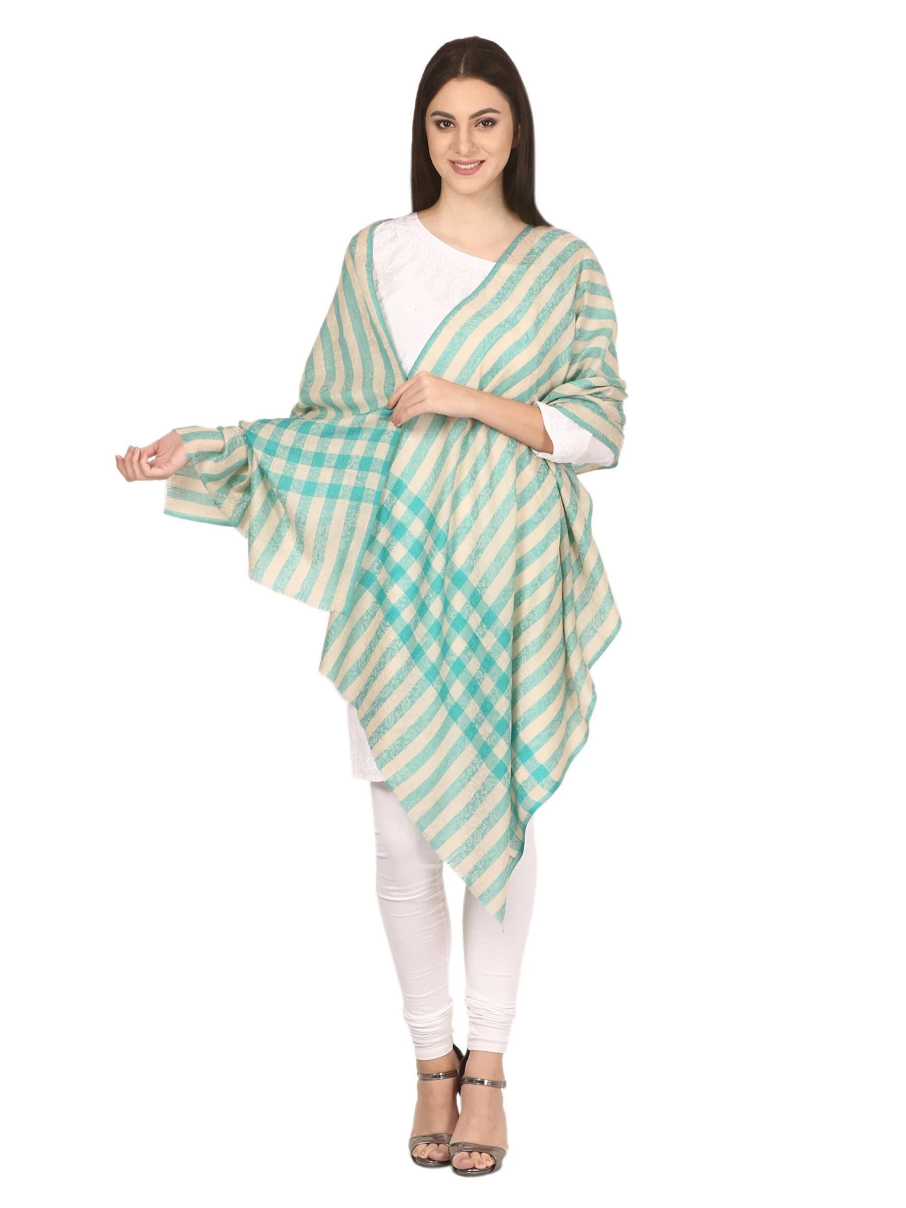 Pashtush Womens Woven Extra Fine Wool Check Stripe Design Scarf,Seagreen - Image 4