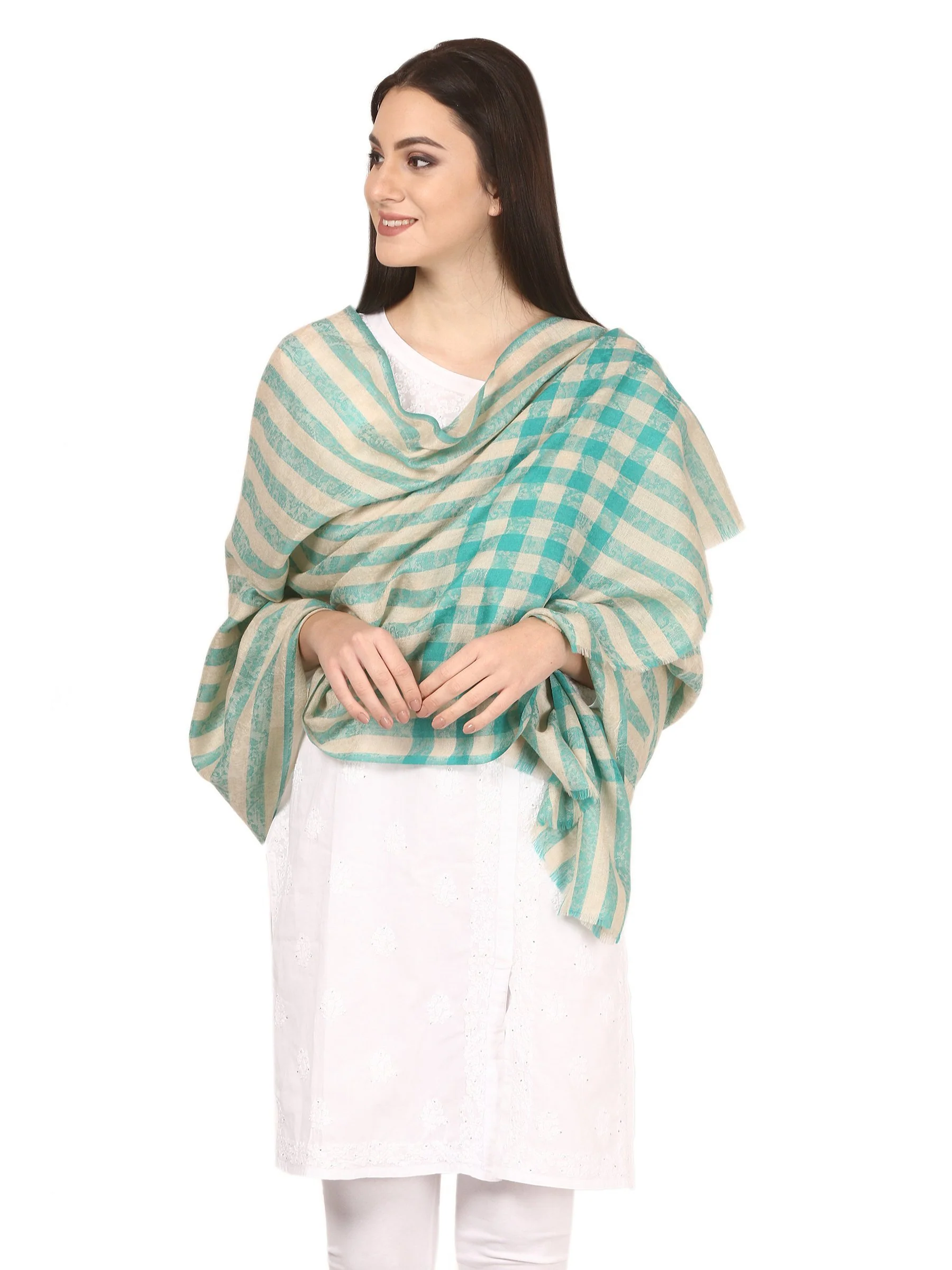 Pashtush Womens Woven Extra Fine Wool Check Stripe Design Scarf,Seagreen - Image 6