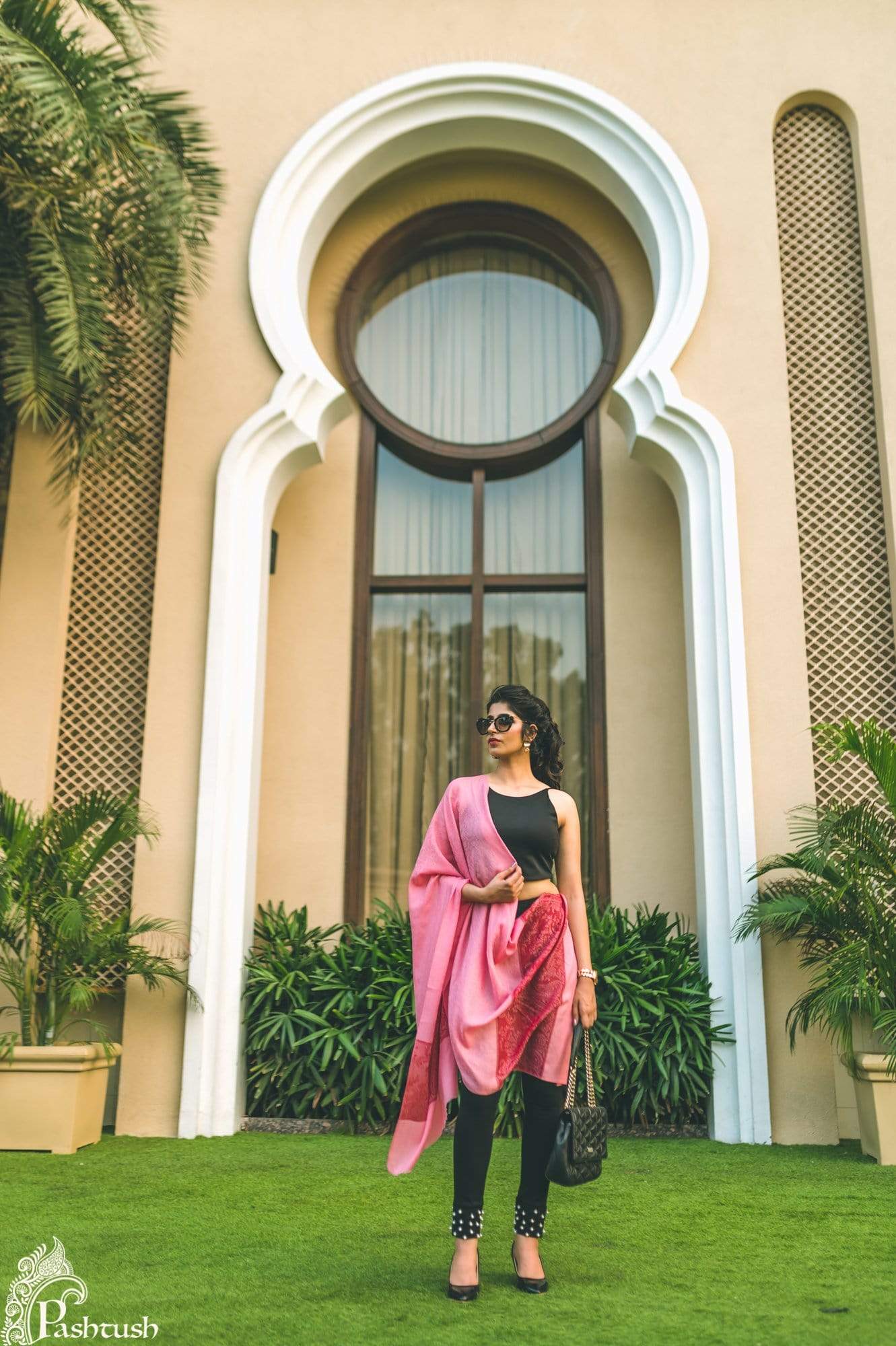 Pashtush Women Pink Woven Design Designer Stole - Image 3